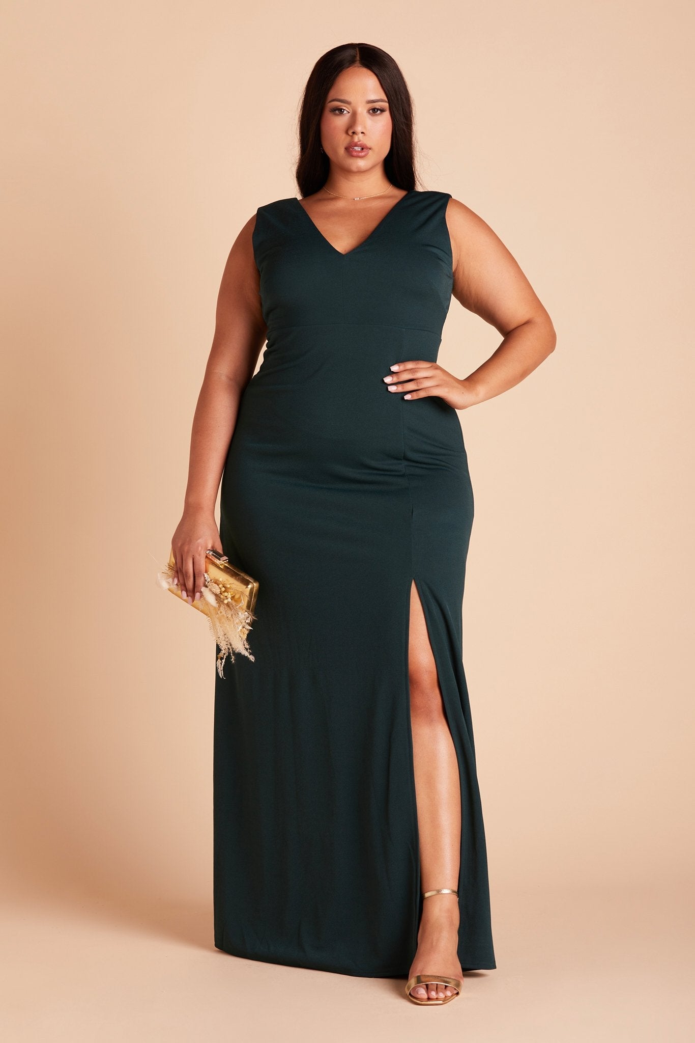 Shamin plus size bridesmaid dress with slit in emerald green chiffon by Birdy Grey, front view