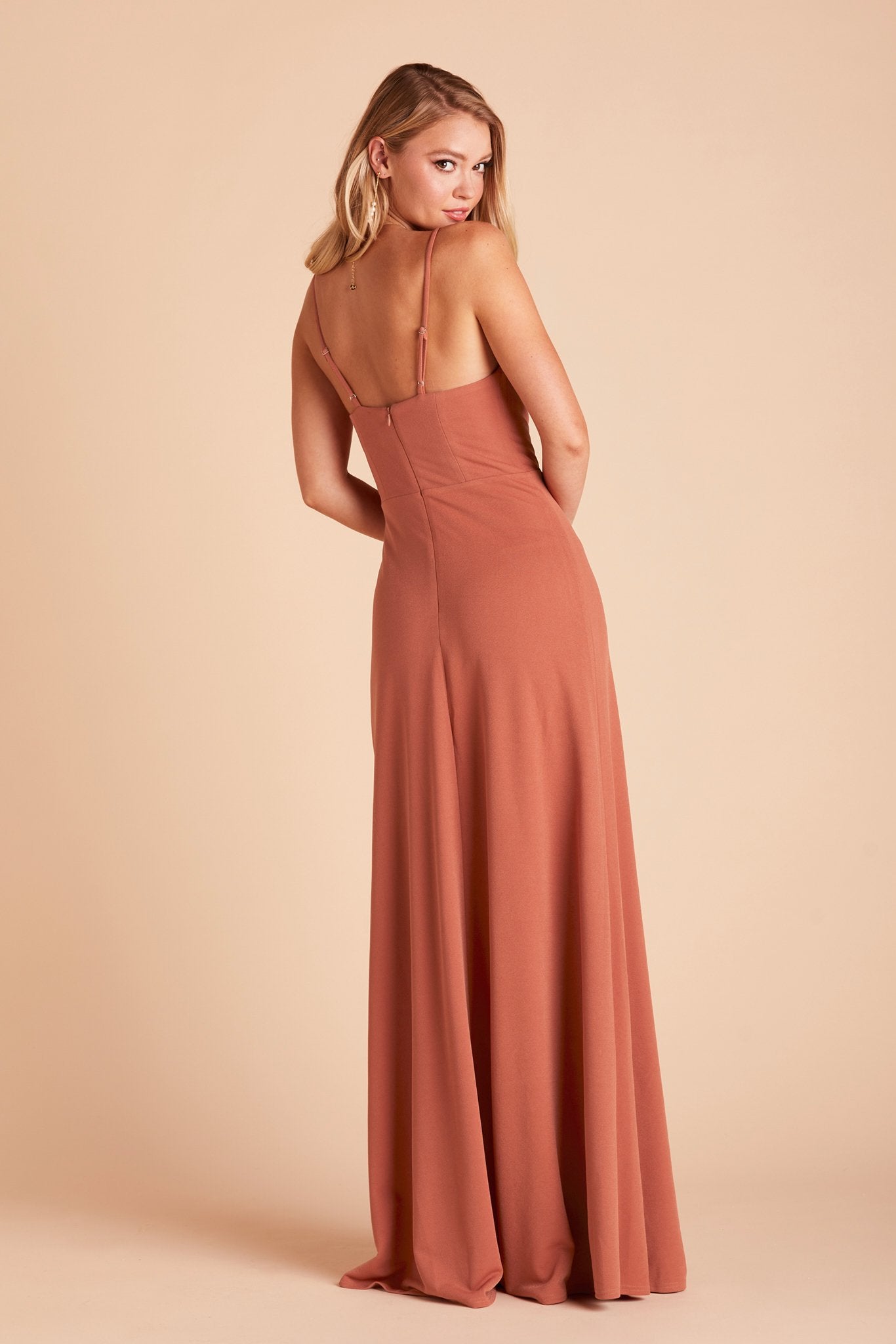 Ash bridesmaid dress in terracotta crepe by Birdy Grey, back view