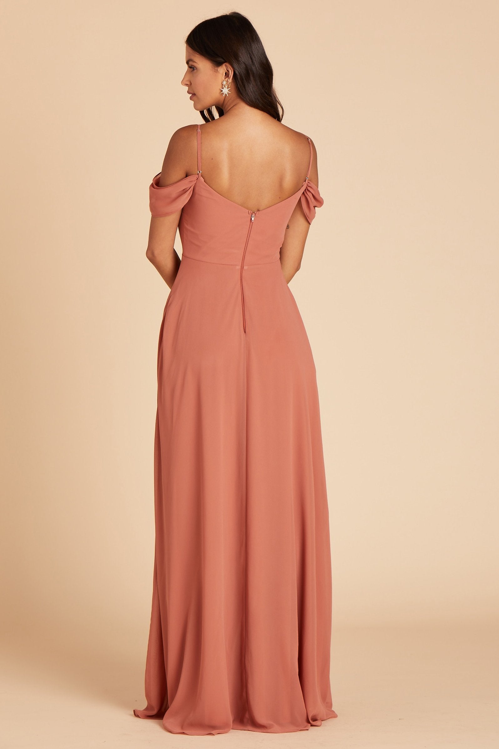 Back view of the floor-length Devin Convertible Plus Size Bridesmaid Dress in terracotta chiffon displays adjustable spaghetti straps and an open back with a slight v-cut just below the shoulder blades.
