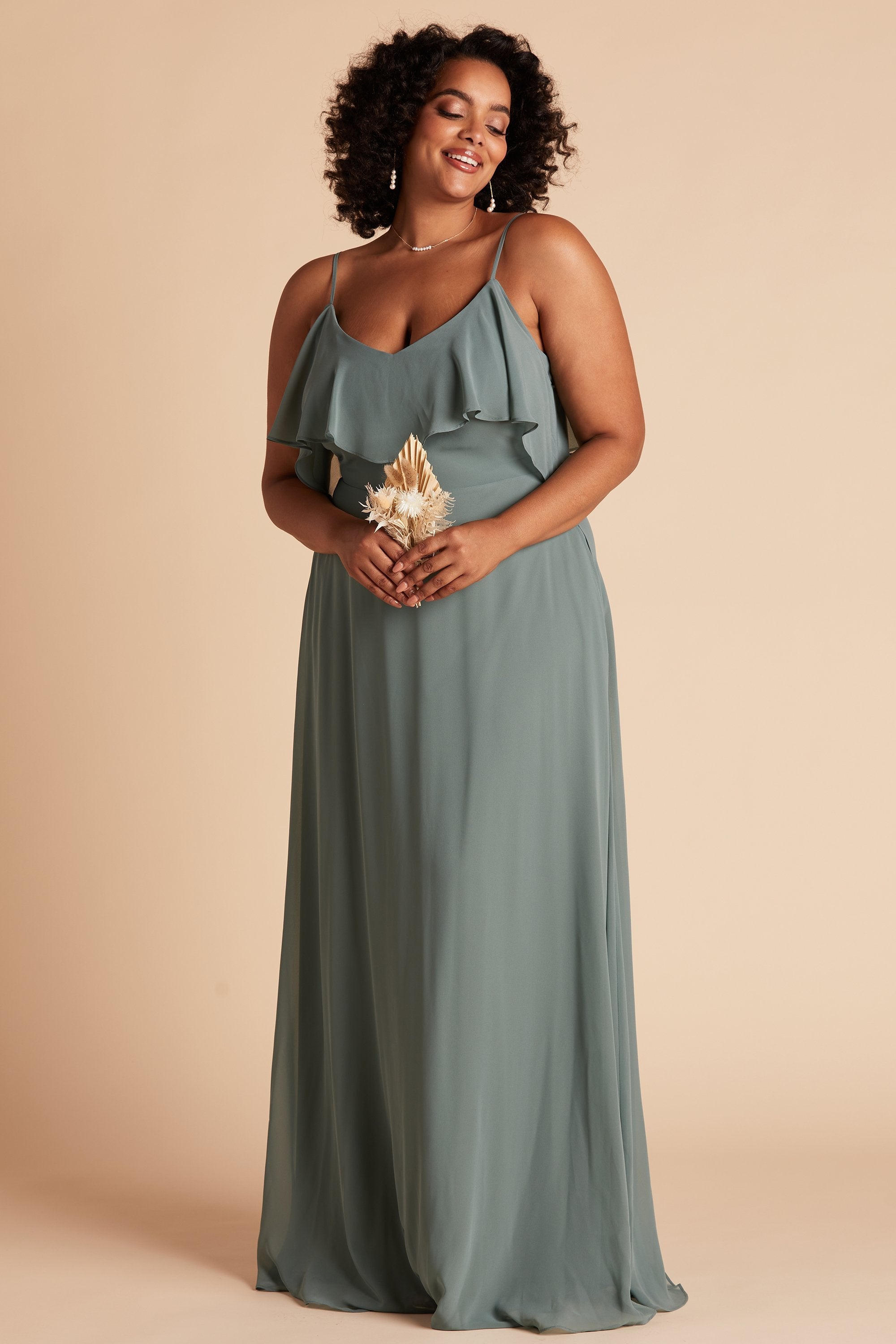 Jane convertible plus size bridesmaid dress in sea glass green chiffon by Birdy Grey, front view