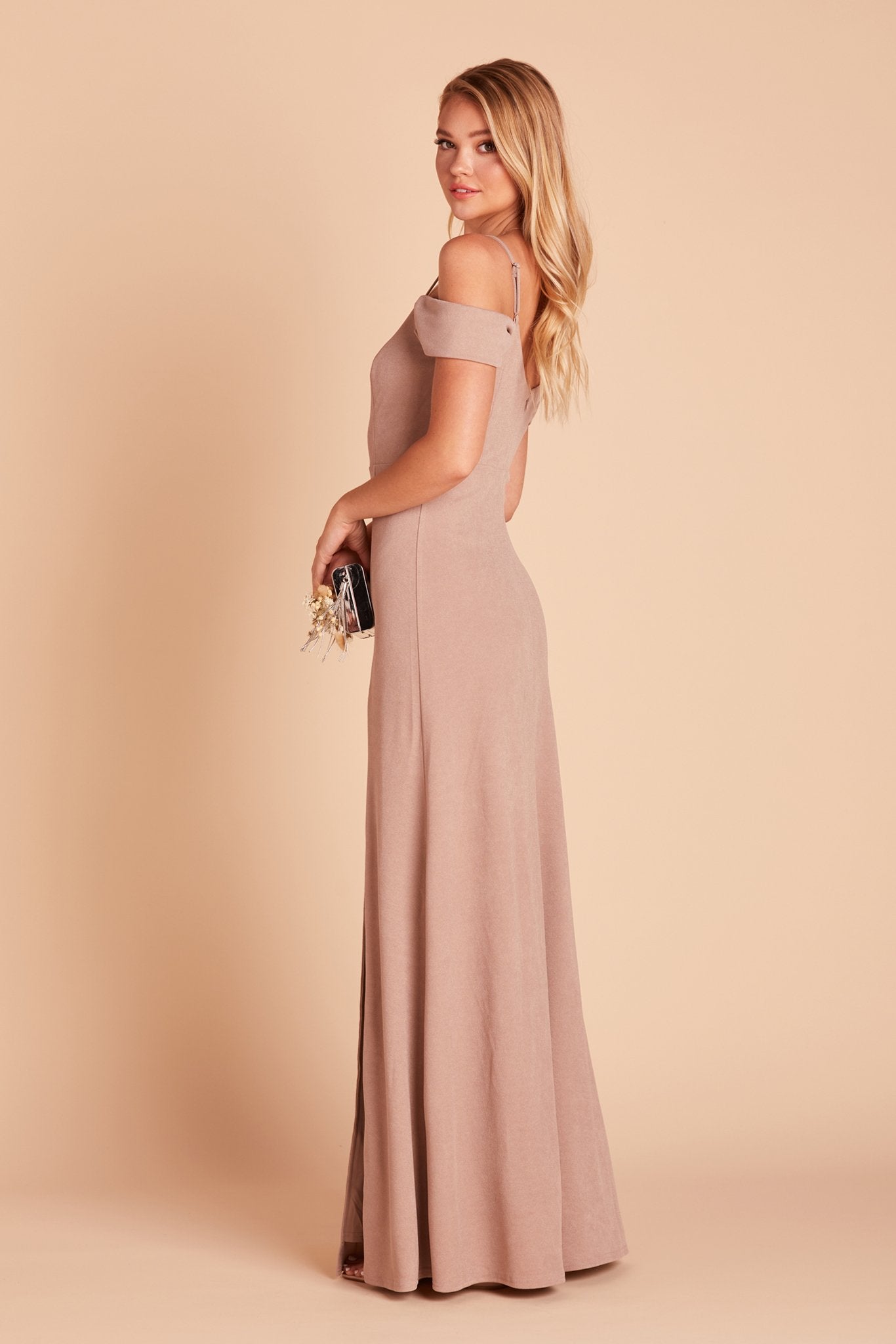Dev bridesmaid dress with slit in taupe crepe by Birdy Grey, side view