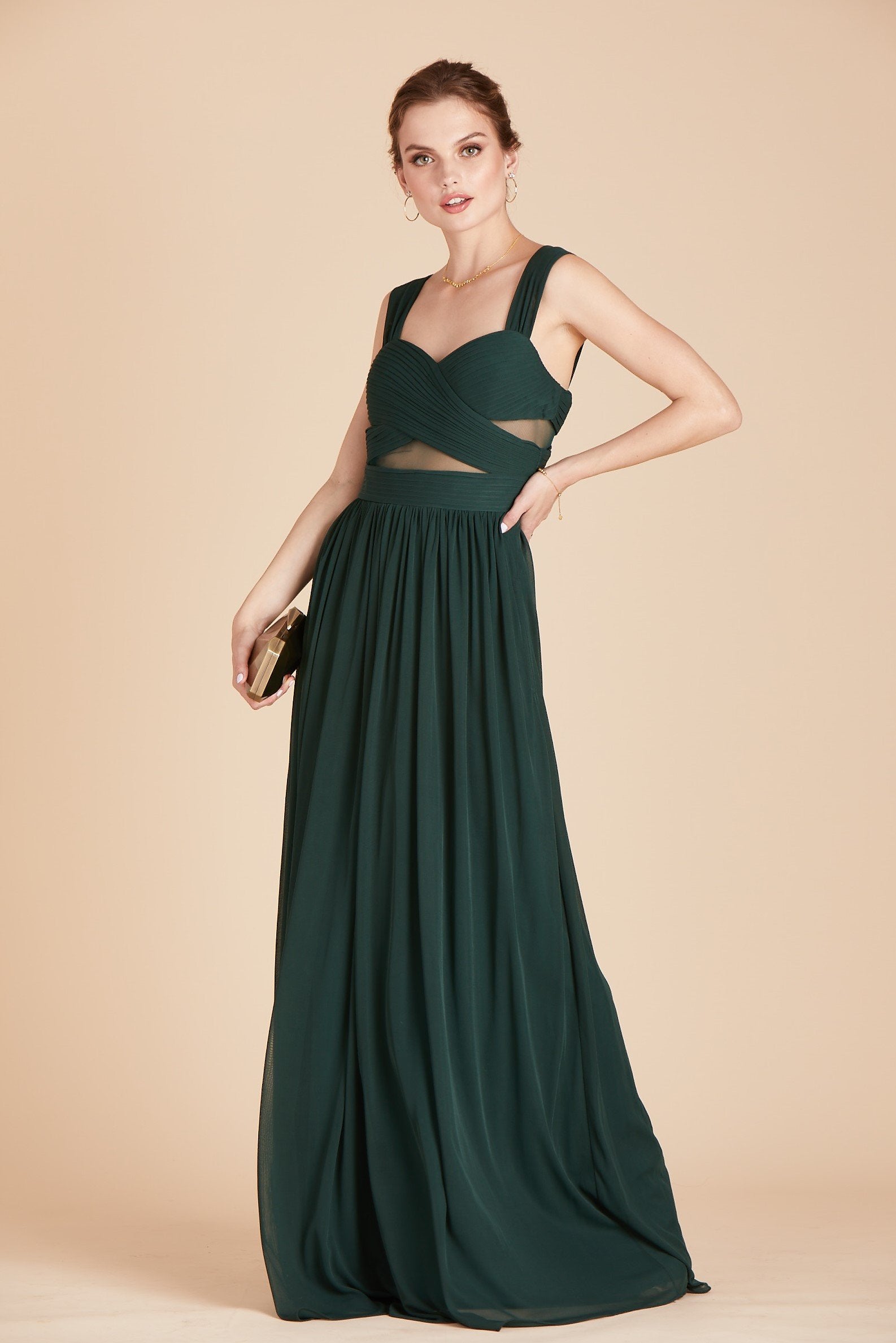 Elsye bridesmaid dress in emerald green chiffon by Birdy Grey, front view