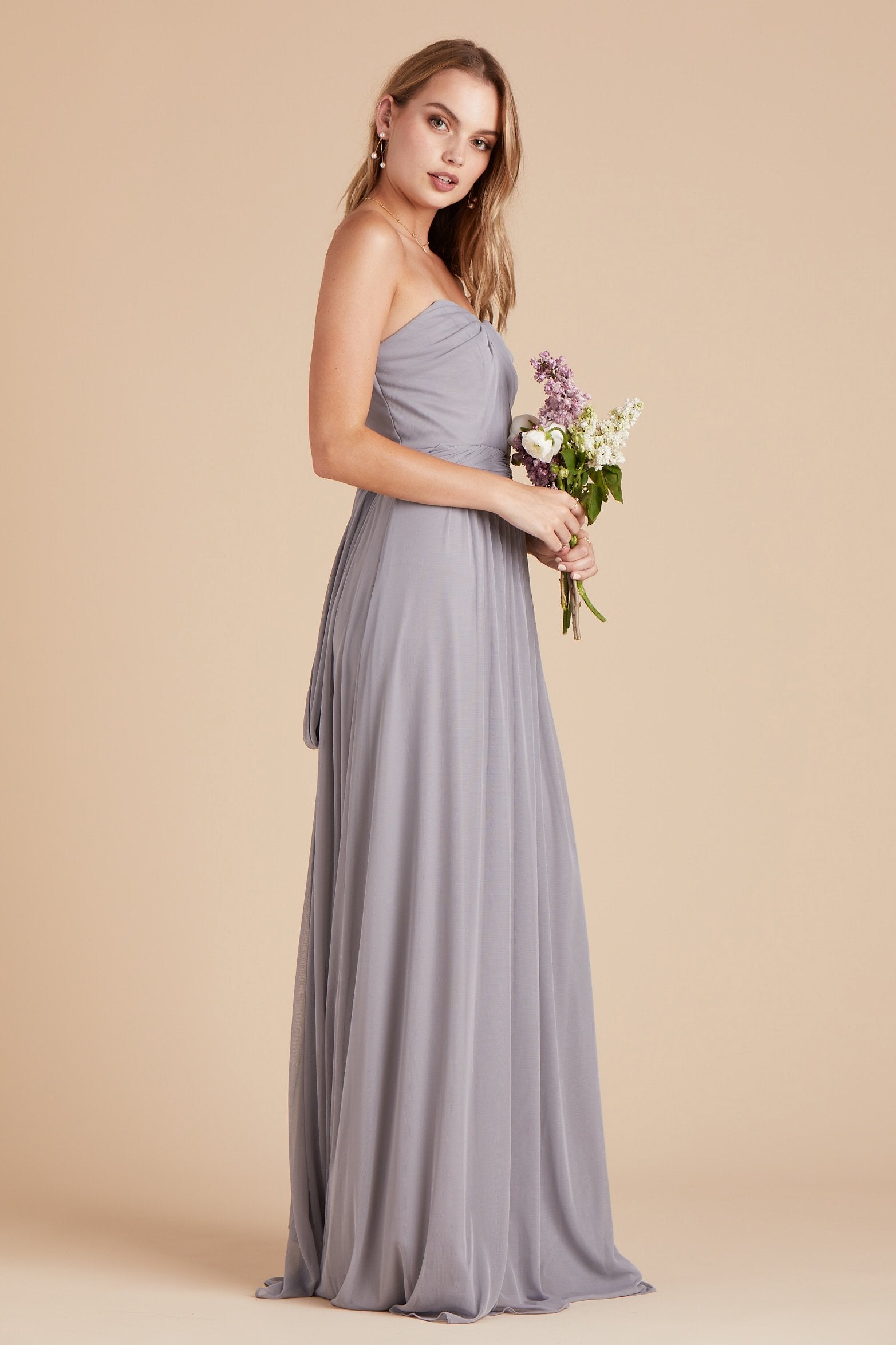 Chicky convertible bridesmaid dress in silver mesh by Birdy Grey, side view