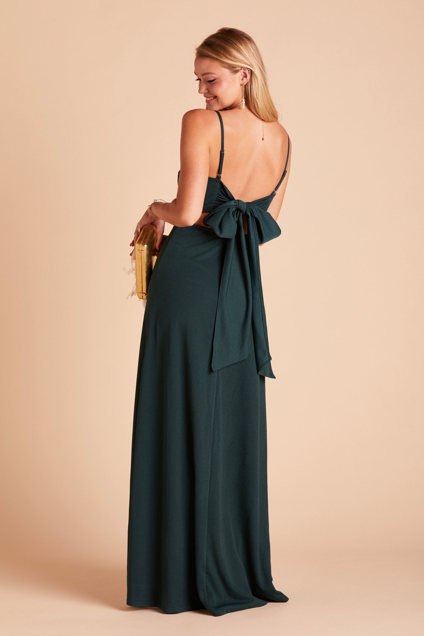 Benny bridesmaid dress in emerald green crepe by Birdy Grey, back view