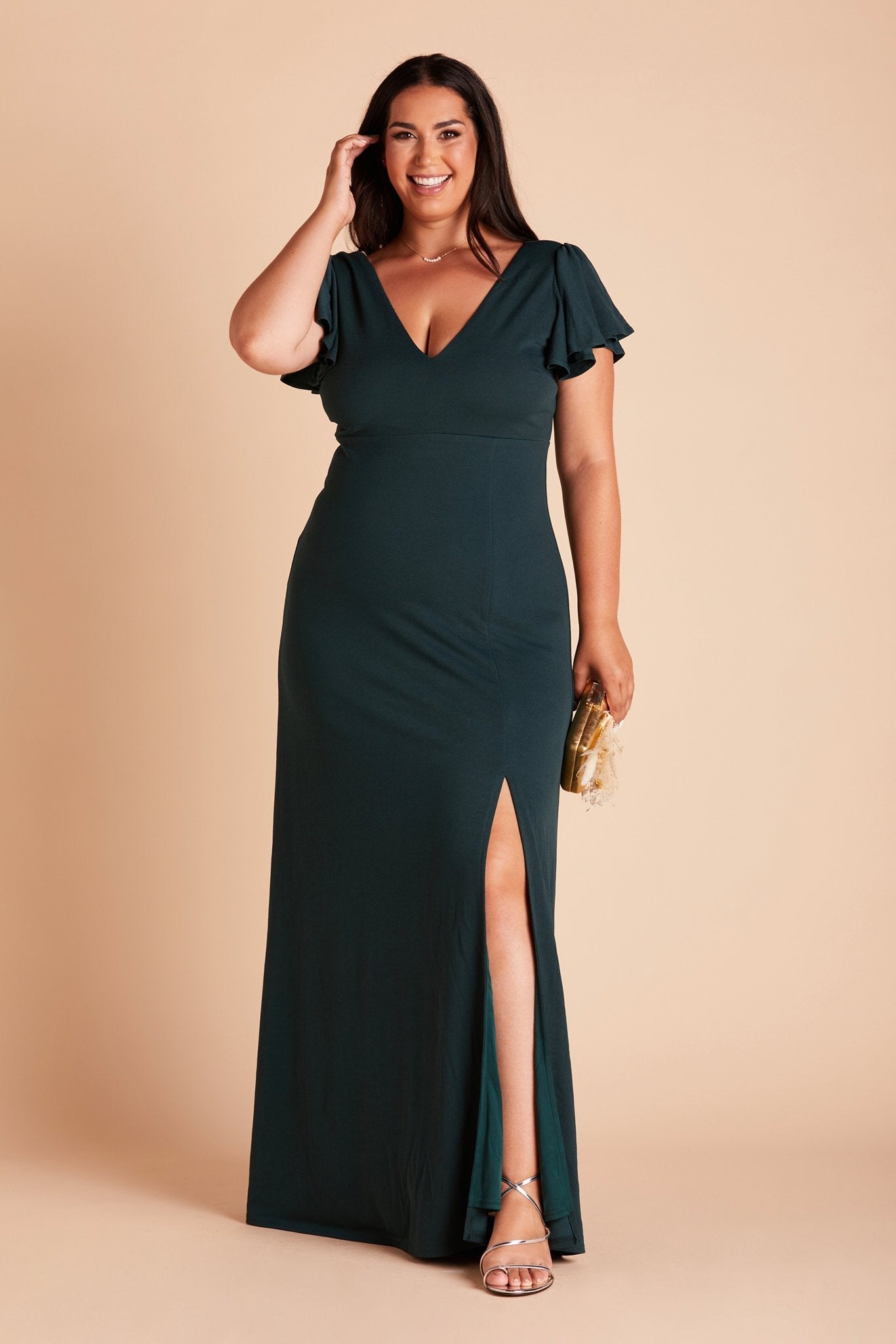 Hannah plus size bridesmaid dress with slit in emerald green crepe by Birdy Grey, front view