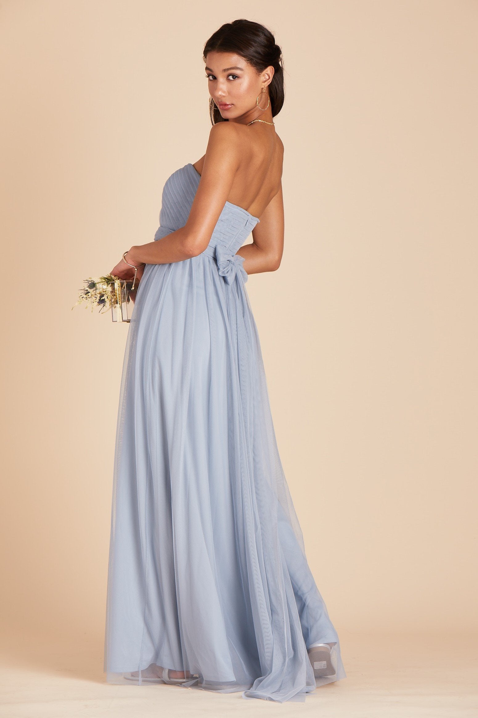 Christina convertible bridesmaid dress in dusty blue tulle by Birdy Grey, side view