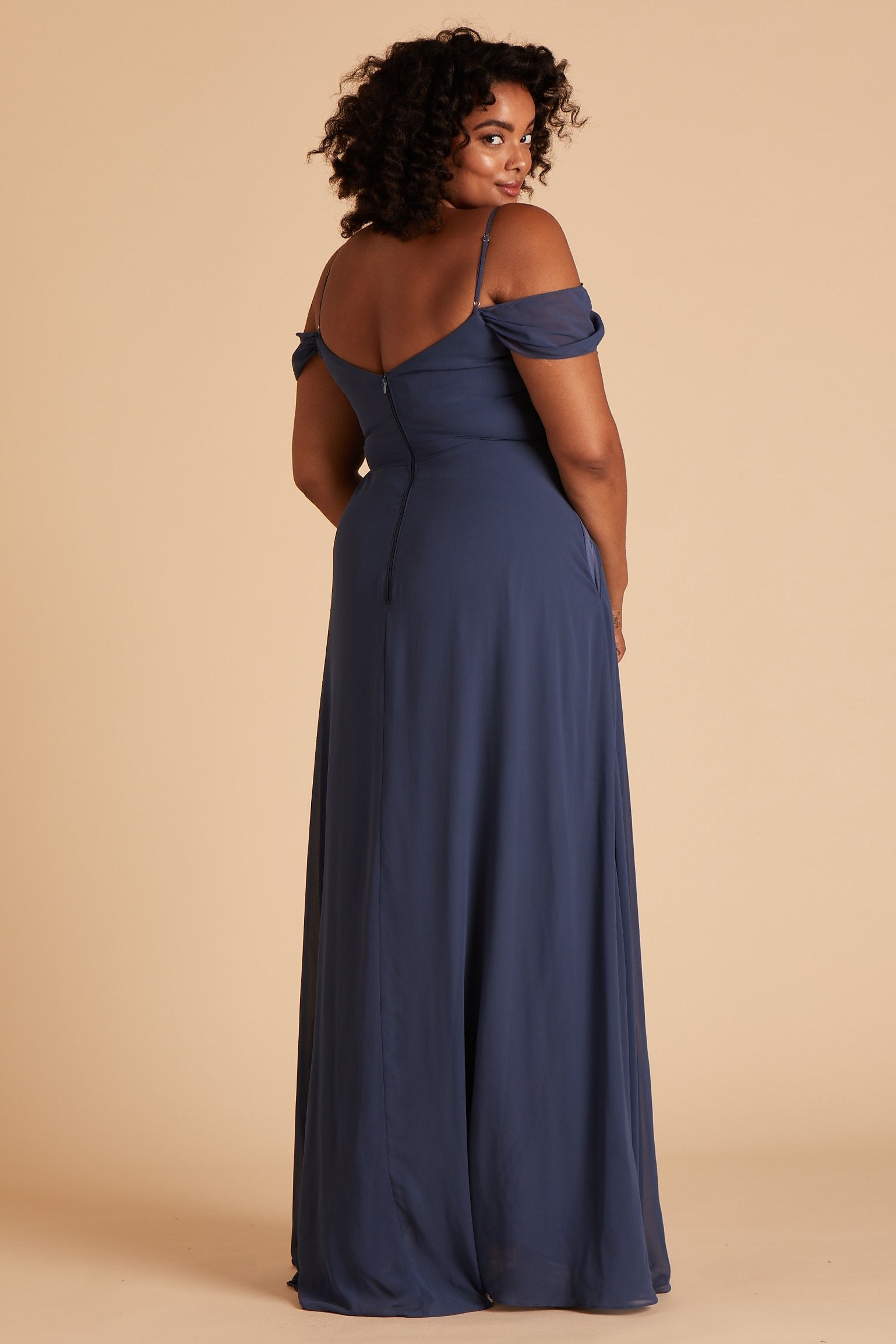 Devin convertible plus size bridesmaids dress in slate blue chiffon by Birdy Grey, back view