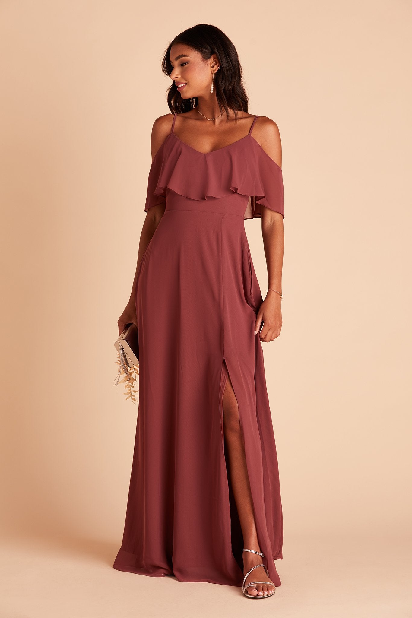 Jane convertible bridesmaid dress with slit in rosewood chiffon by Birdy Grey, front view
