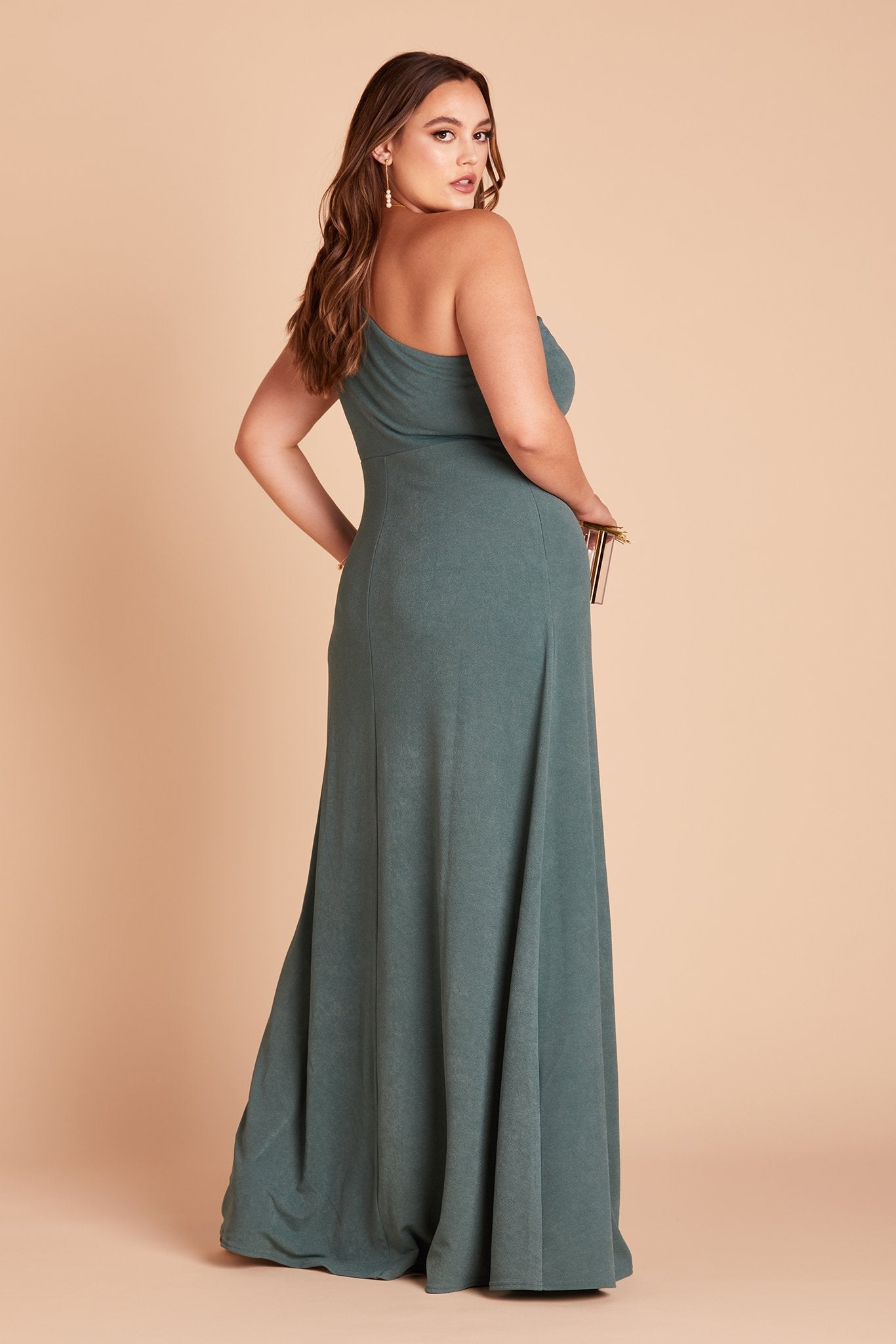 Kira plus size bridesmaid dress with slit in sea glass green crepe by Birdy Grey, side view
