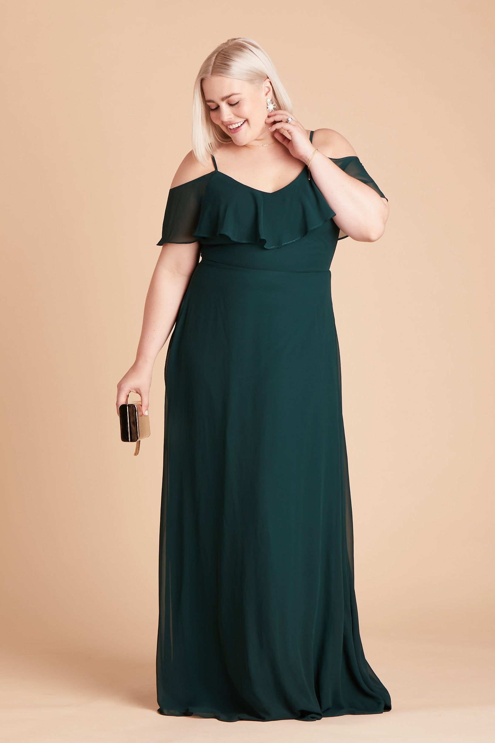 Jane convertible plus size bridesmaid dress in emerald green chiffon by Birdy Grey, front view