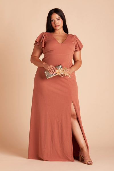 Hannah plus size bridesmaid dress with slit in terracotta crepe by Birdy Grey, front view
