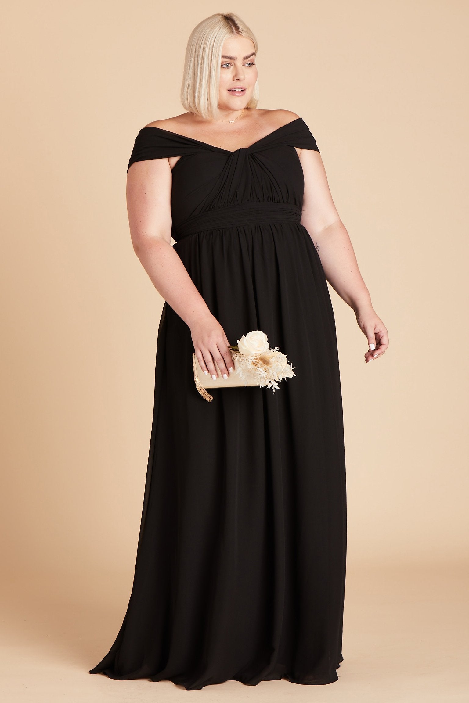  Grace convertible plus size bridesmaid dress in black chiffon by Birdy Grey, front view