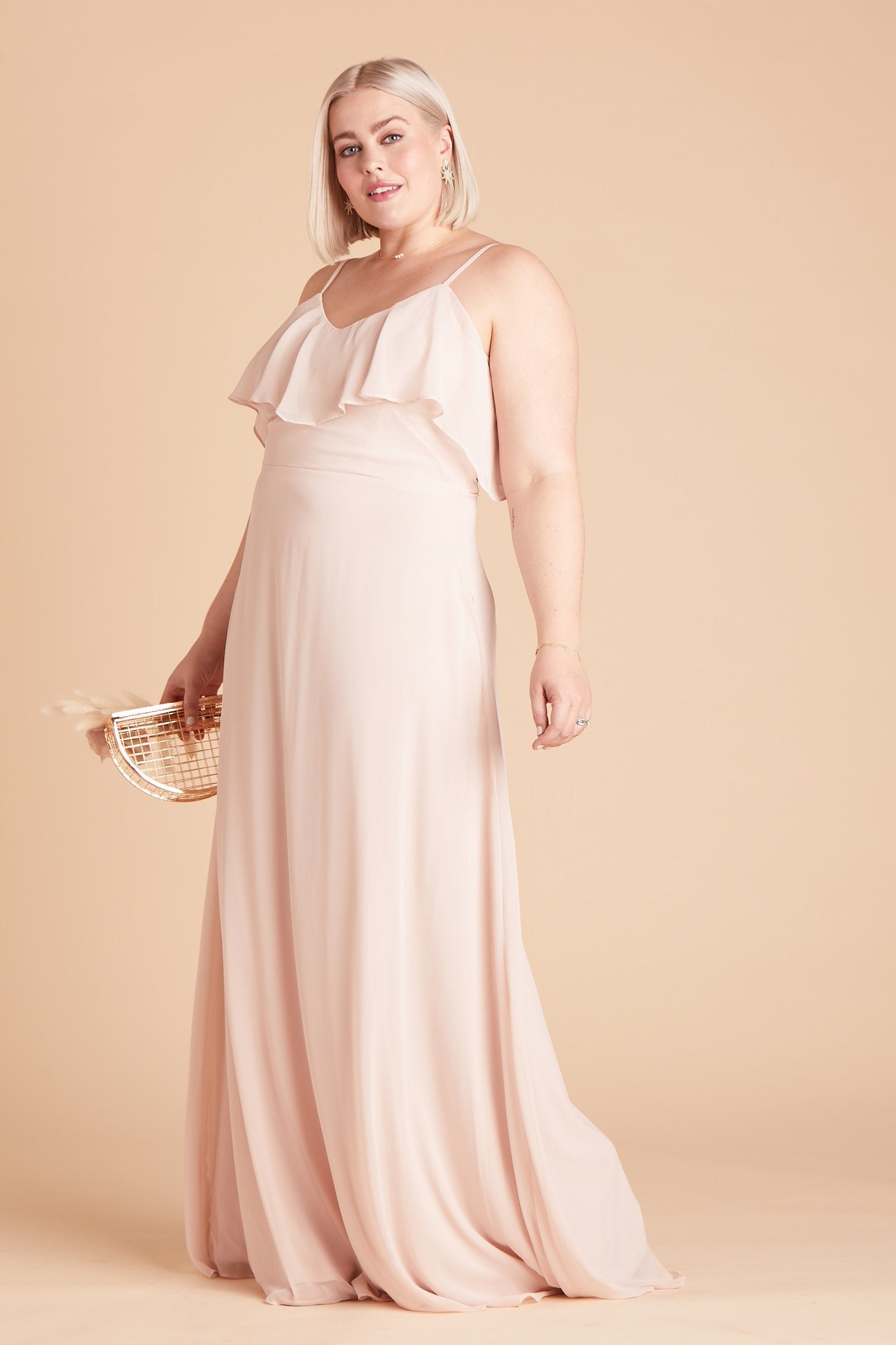 Jane convertible plus size bridesmaid dress in pale blush chiffon by Birdy Grey, side view