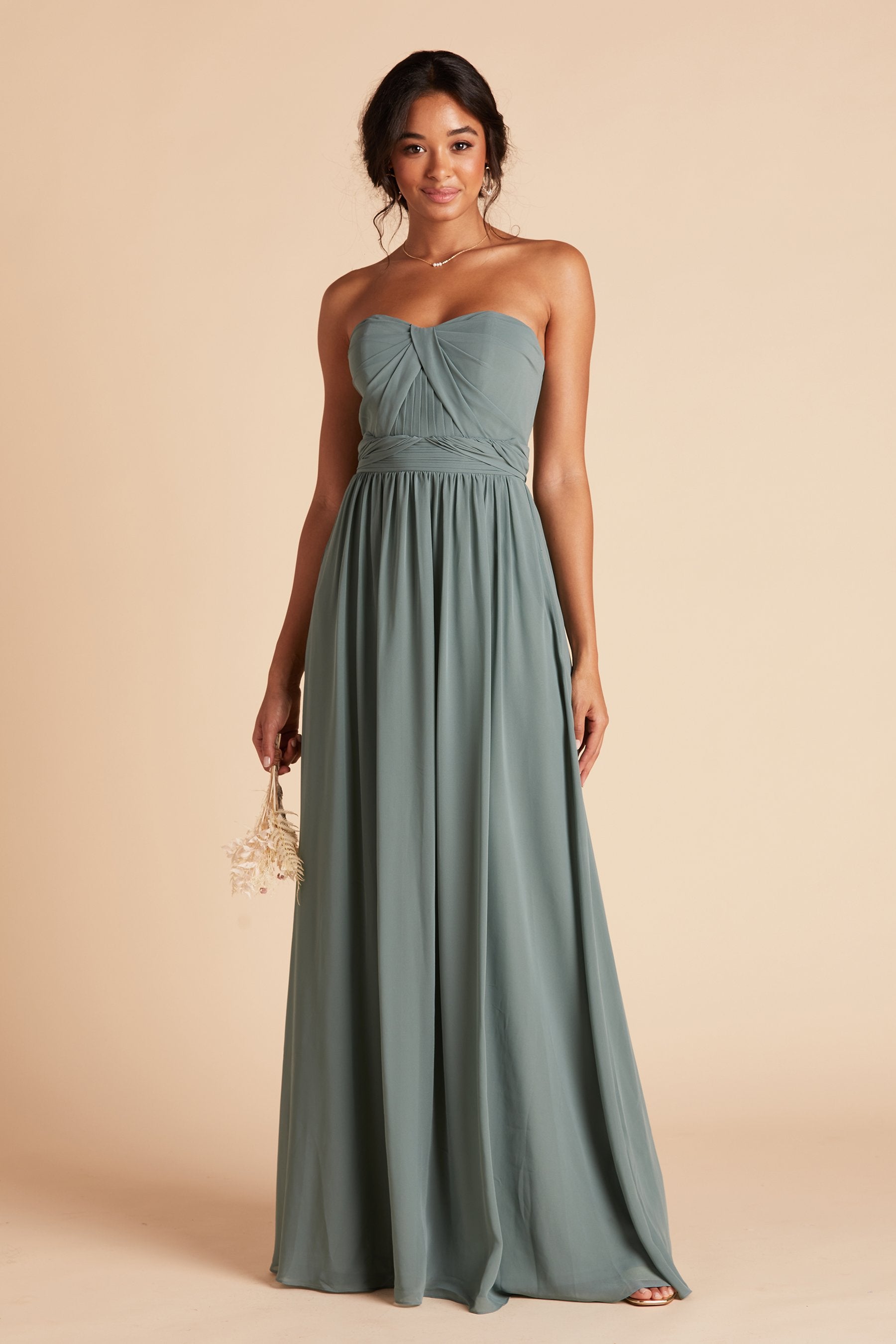 Front view of the Grace Convertible Dress in sea glass chiffon worn by a slender model with a medium skin tone. 