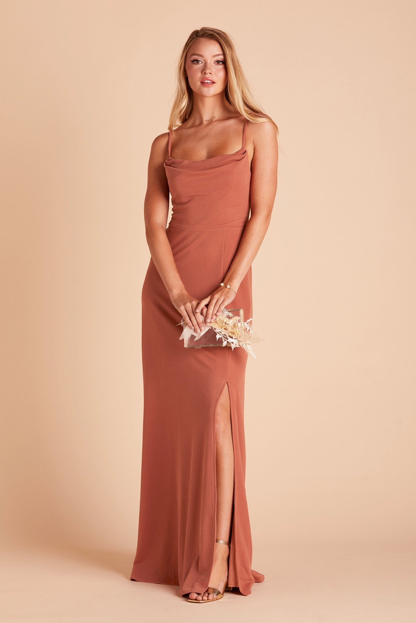 Ash bridesmaid dress with slit in terracotta crepe by Birdy Grey, front view