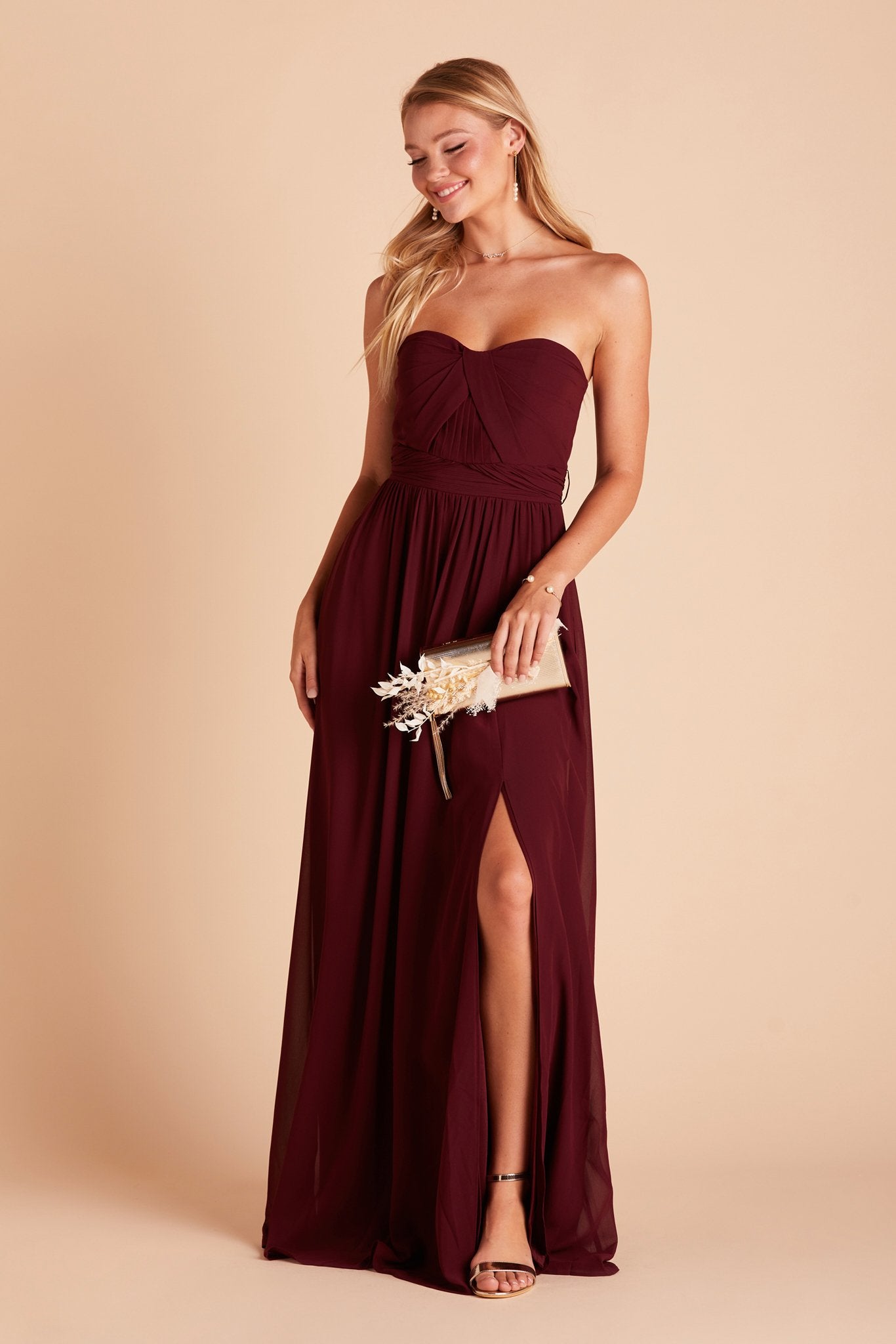 Grace convertible bridesmaid dress with slit in cabernet burgundy chiffon by Birdy Grey, front view