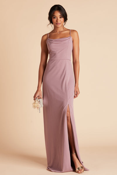Ash bridesmaid dress with slit in dark mauve crepe by Birdy Grey, front view