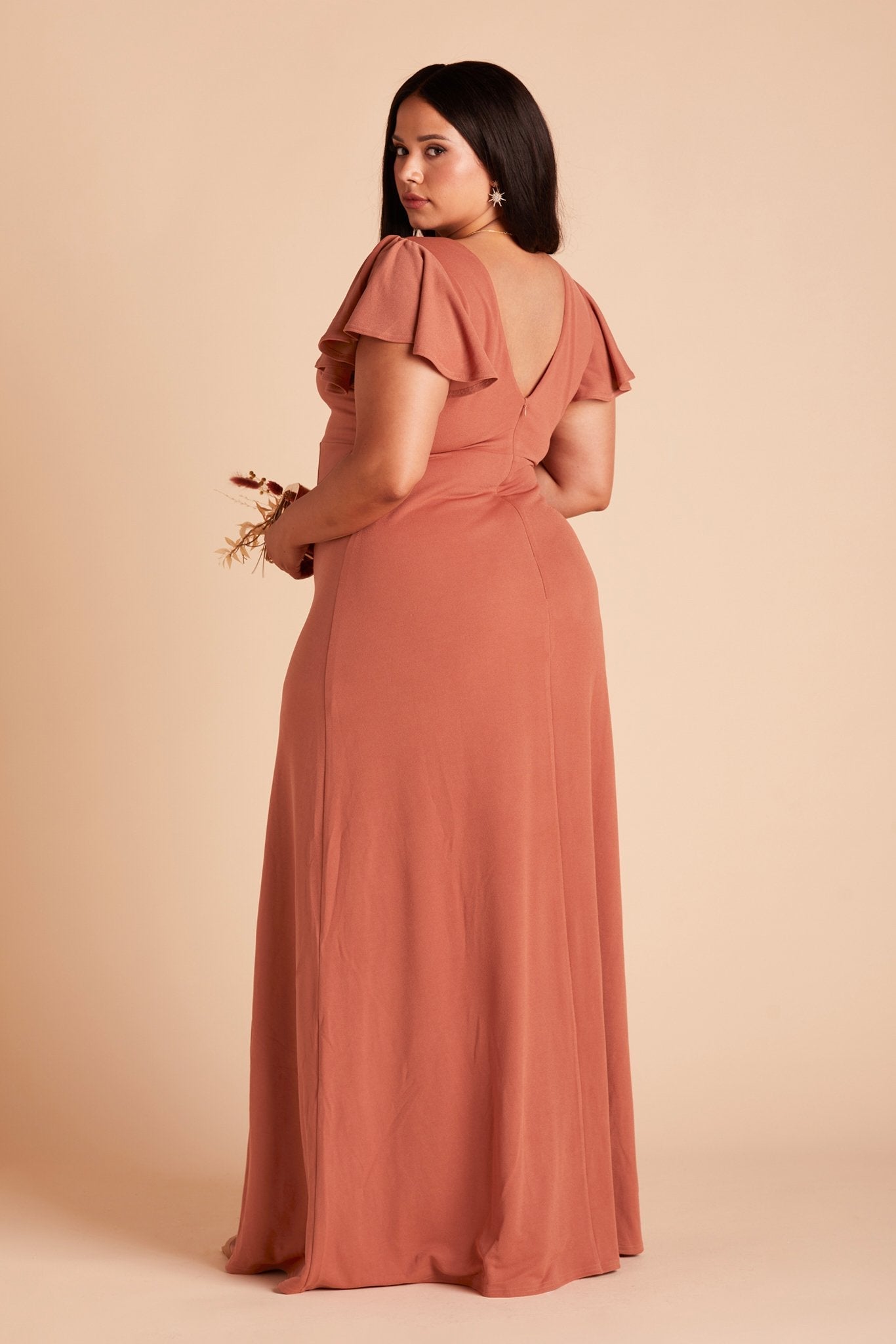 Hannah plus size bridesmaid dress with slit in terracotta crepe by Birdy Grey, back view