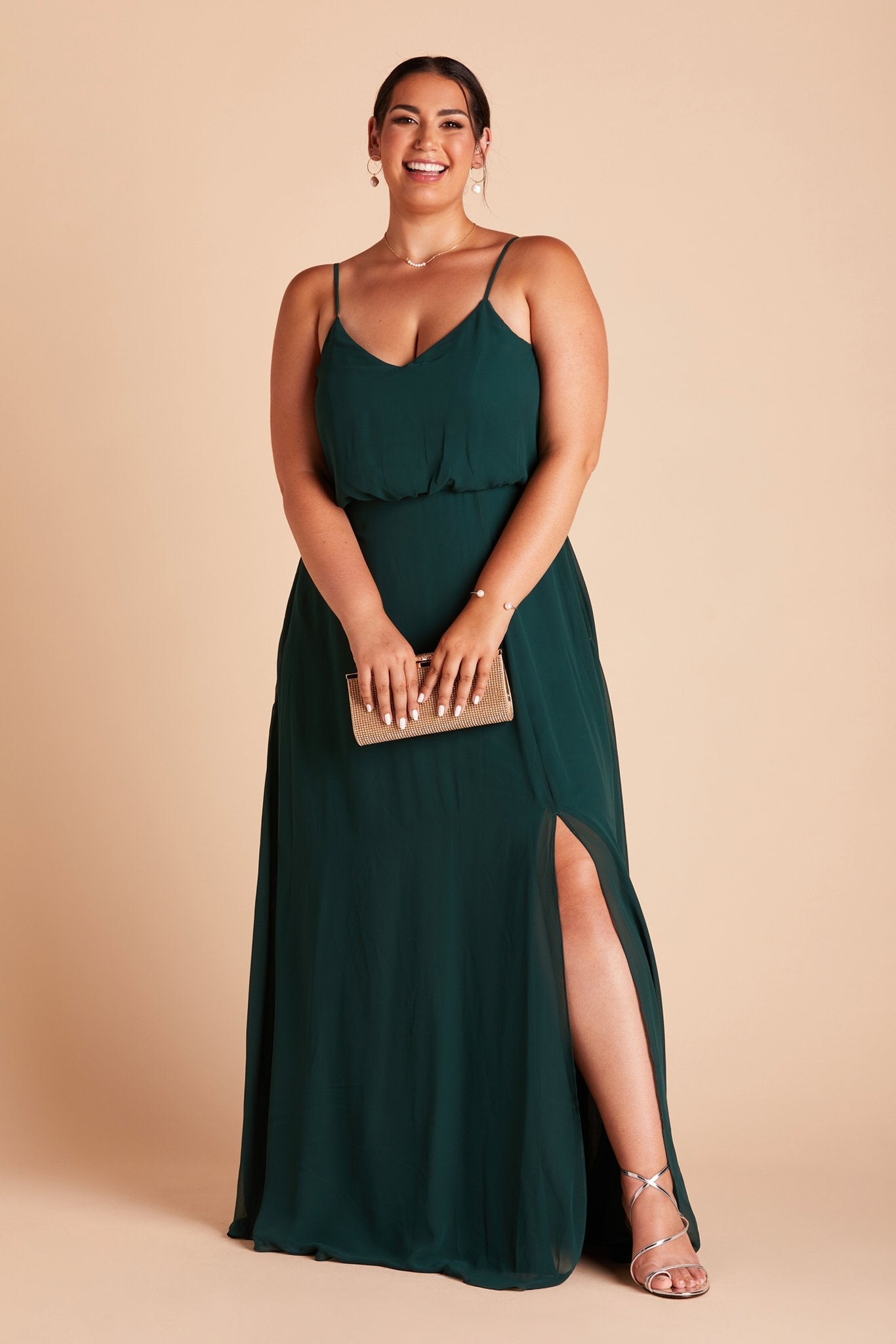Gwennie plus size bridesmaid dress with slit in emerald green chiffon by Birdy Grey, front view
