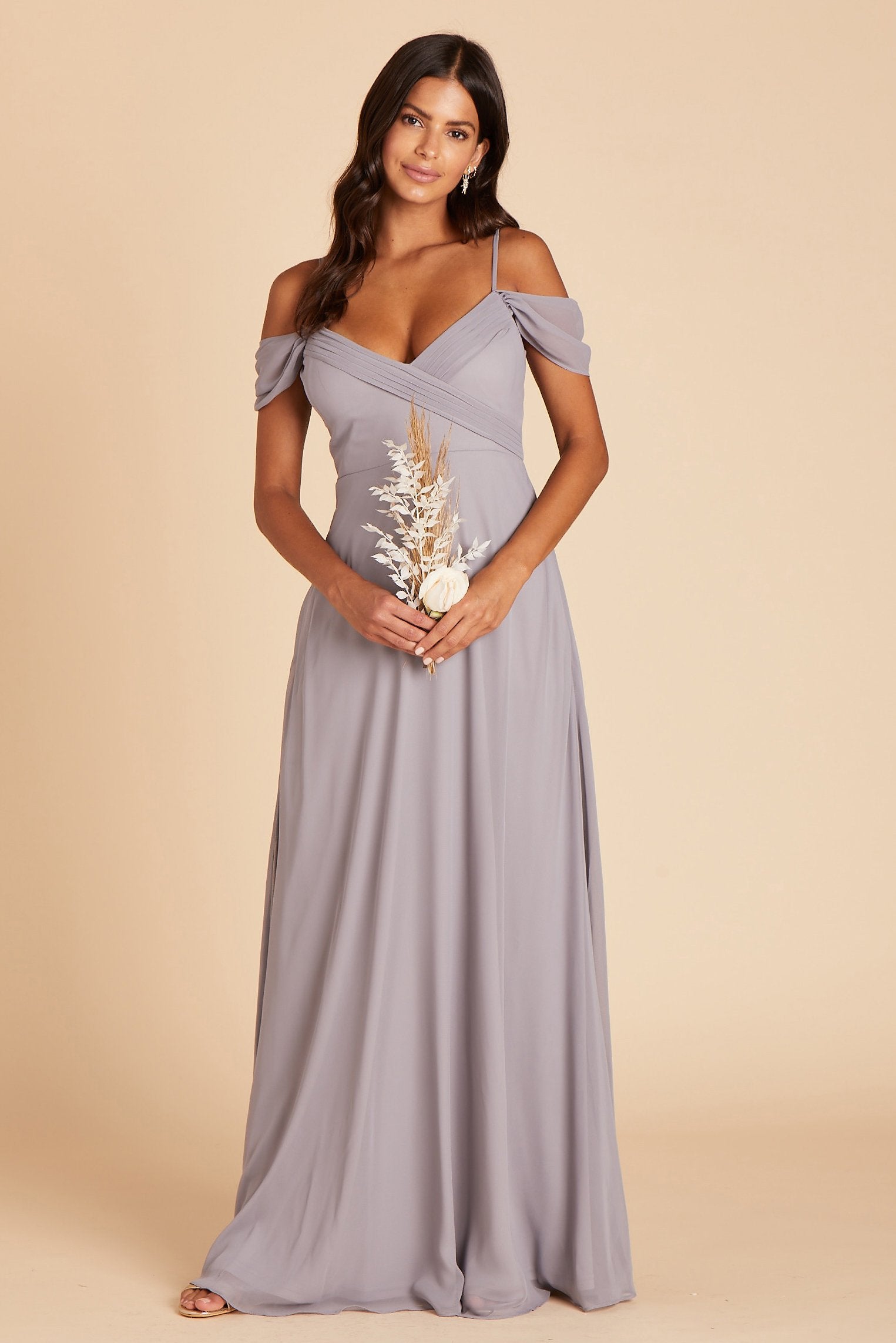 Spence convertible bridesmaids dress in silver chiffon by Birdy Grey, front view