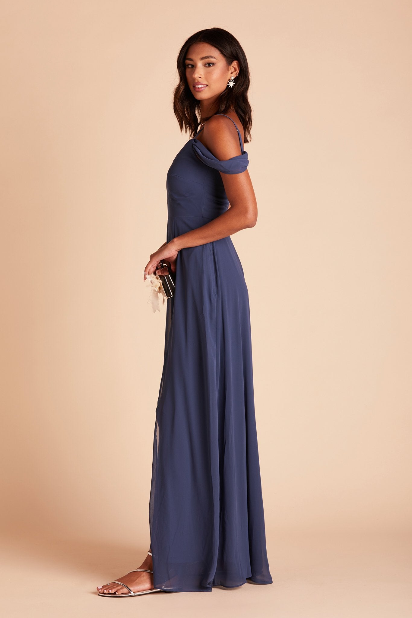 Devin convertible bridesmaids dress with slit in slate blue chiffon by Birdy Grey, side view