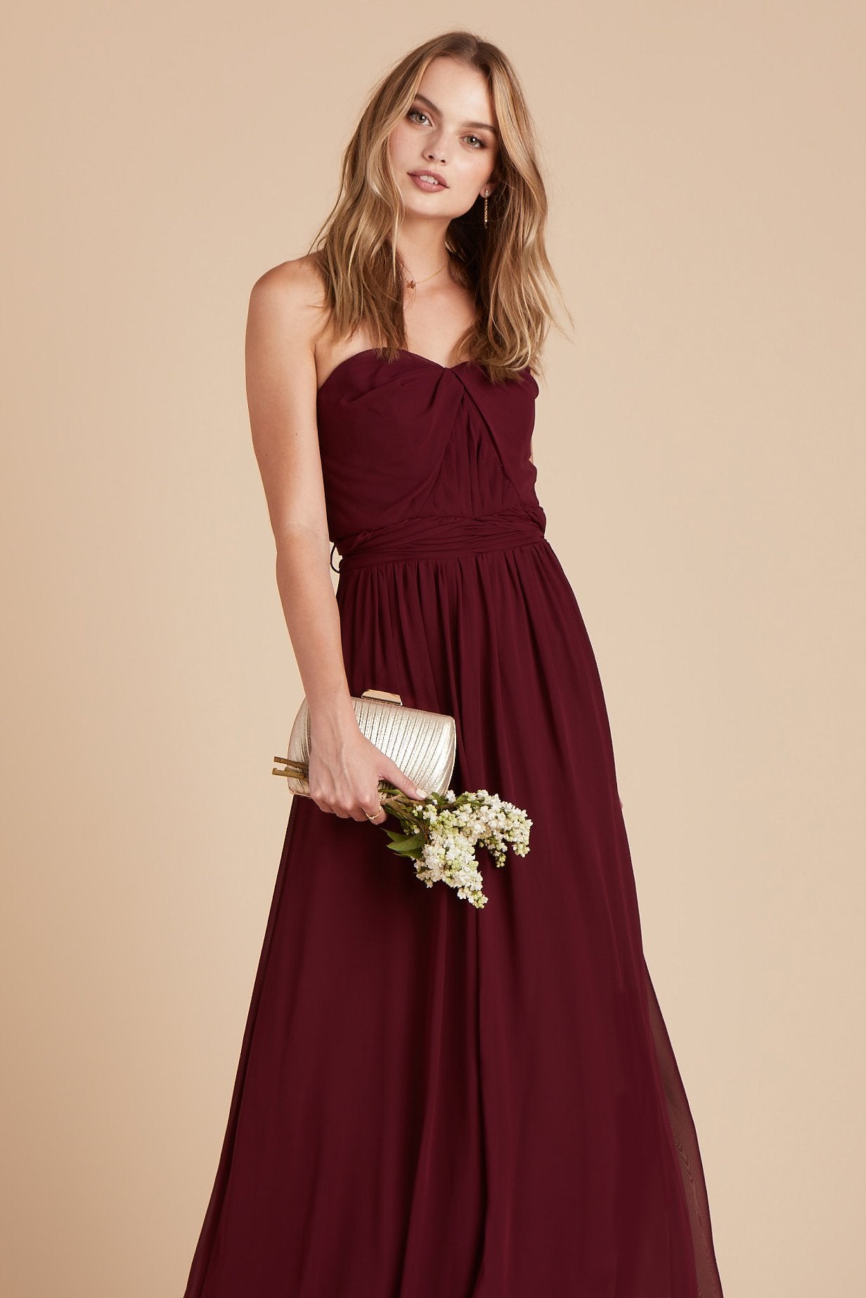 Chicky convertible bridesmaid dress in cabernet burgundy mesh by Birdy Grey, front view