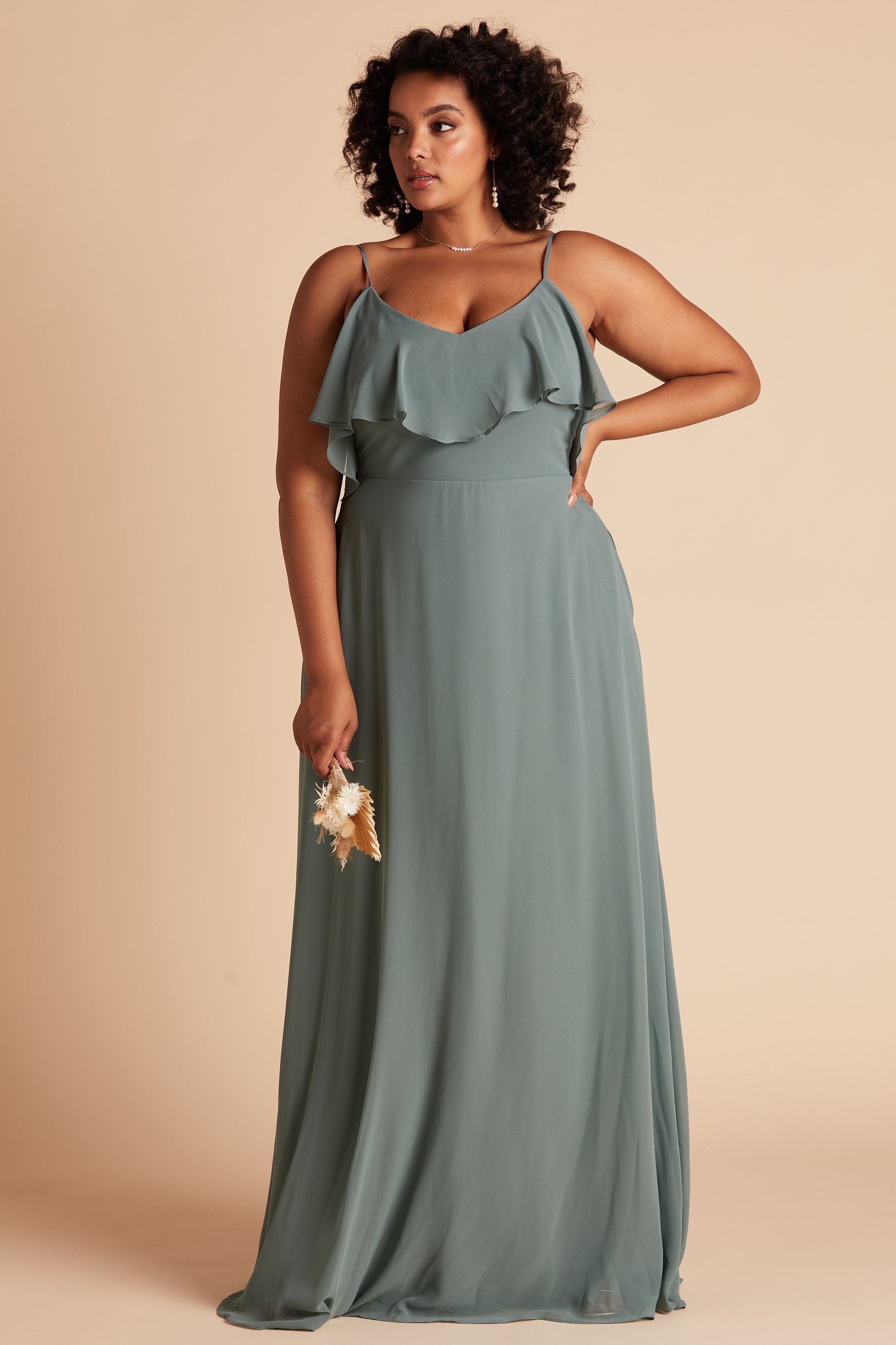 Jane convertible plus size bridesmaid dress in sea glass green chiffon by Birdy Grey, front view