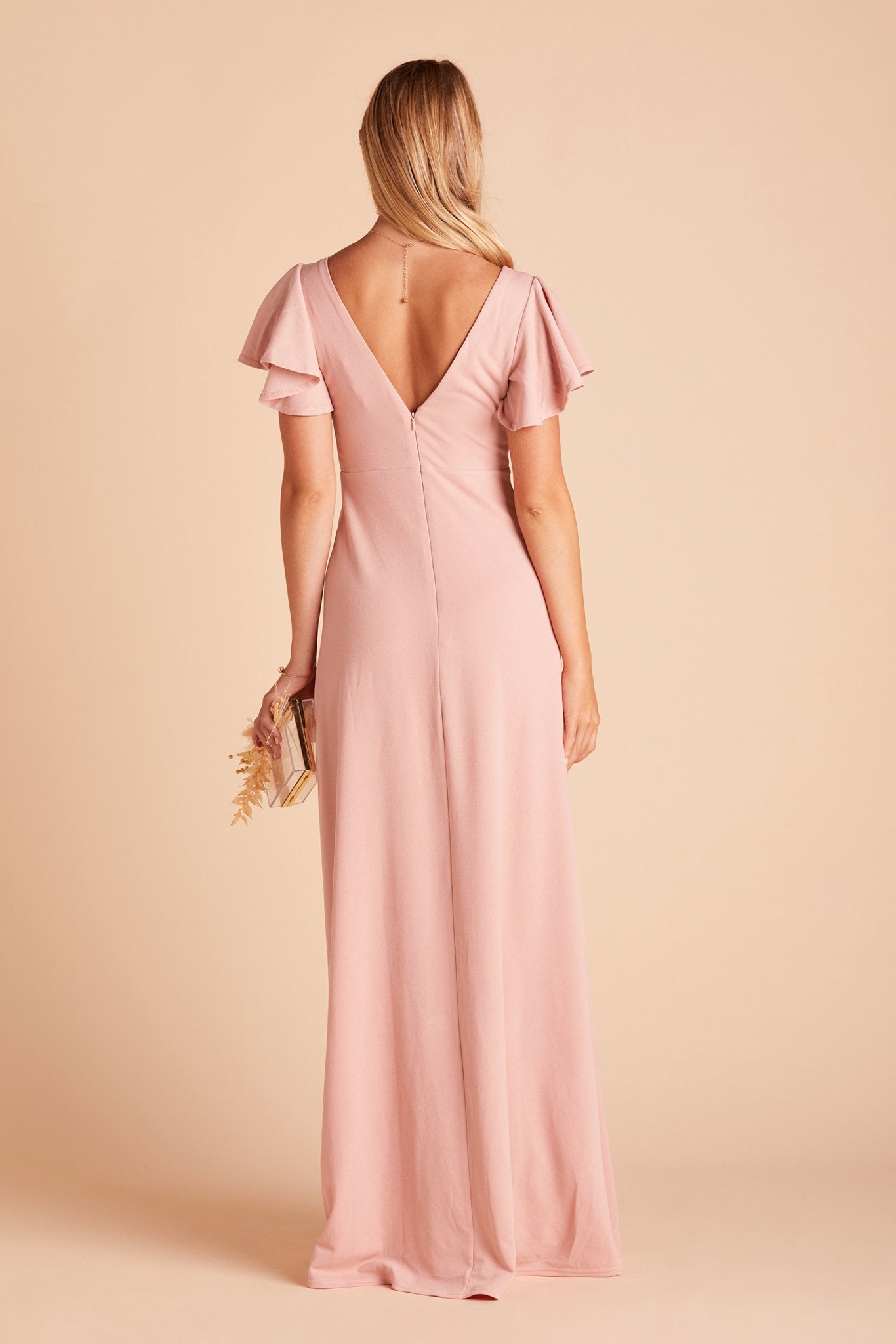 Hannah bridesmaid dress with slit in dusty rose crepe by Birdy Grey, back view