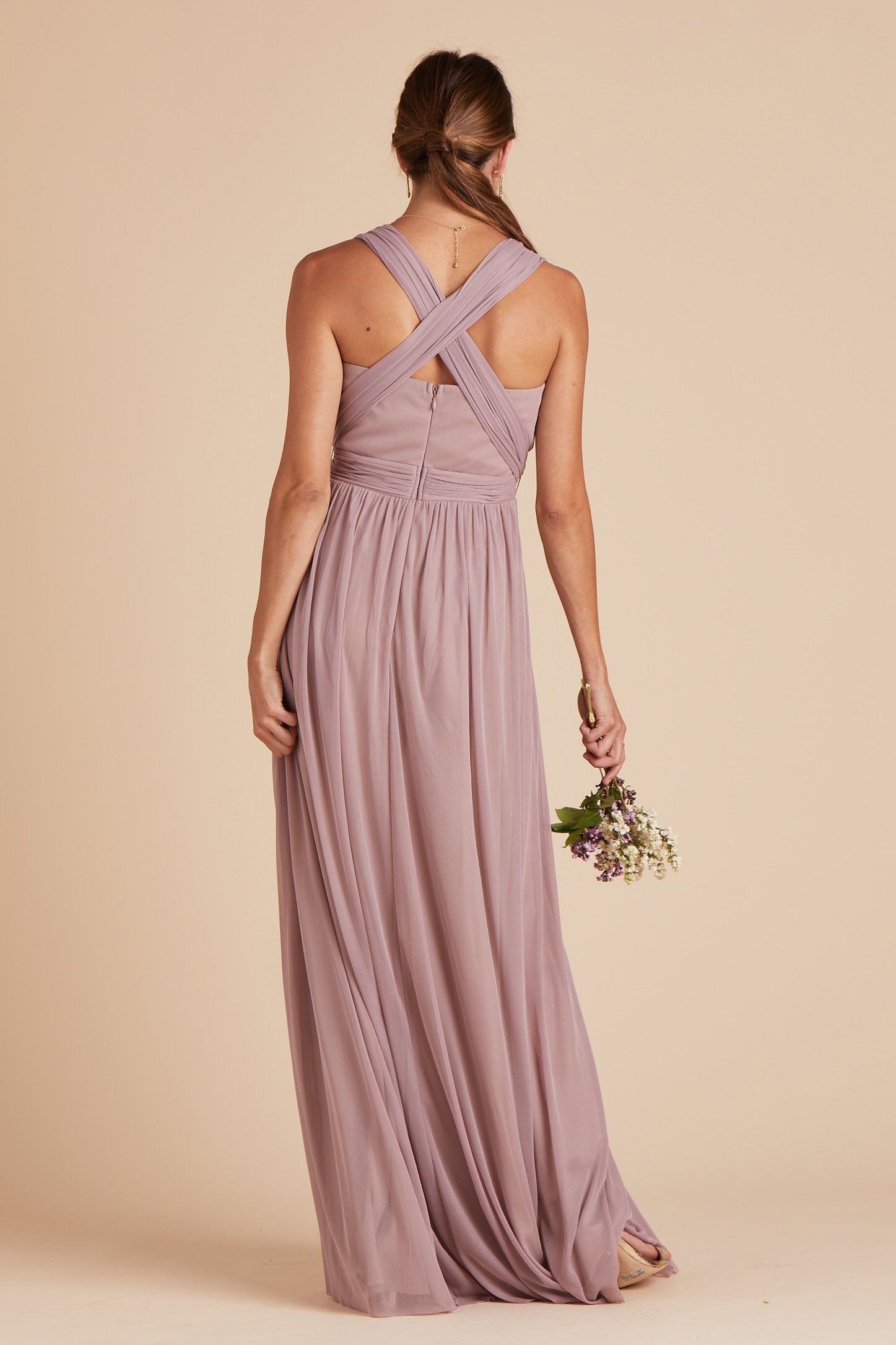 Chicky convertible bridesmaid dress in mauve purple mesh by Birdy Grey, back view