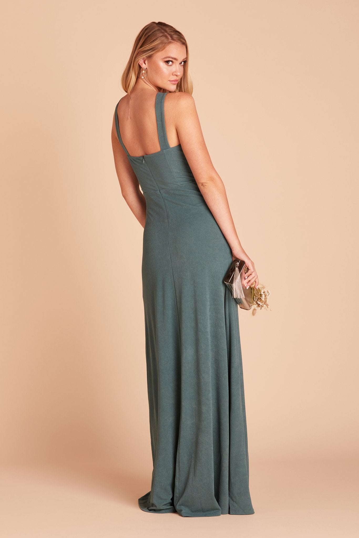 Gene bridesmaid dress with slit in sea glass crepe by Birdy Grey, back view