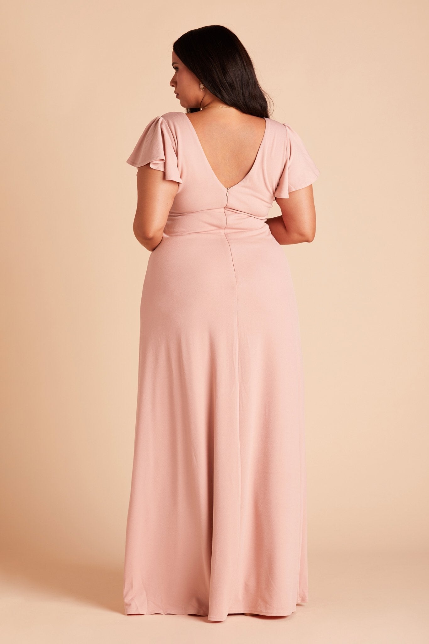 Hannah plus size bridesmaid dress with slit in dusty rose crepe by Birdy Grey, back view