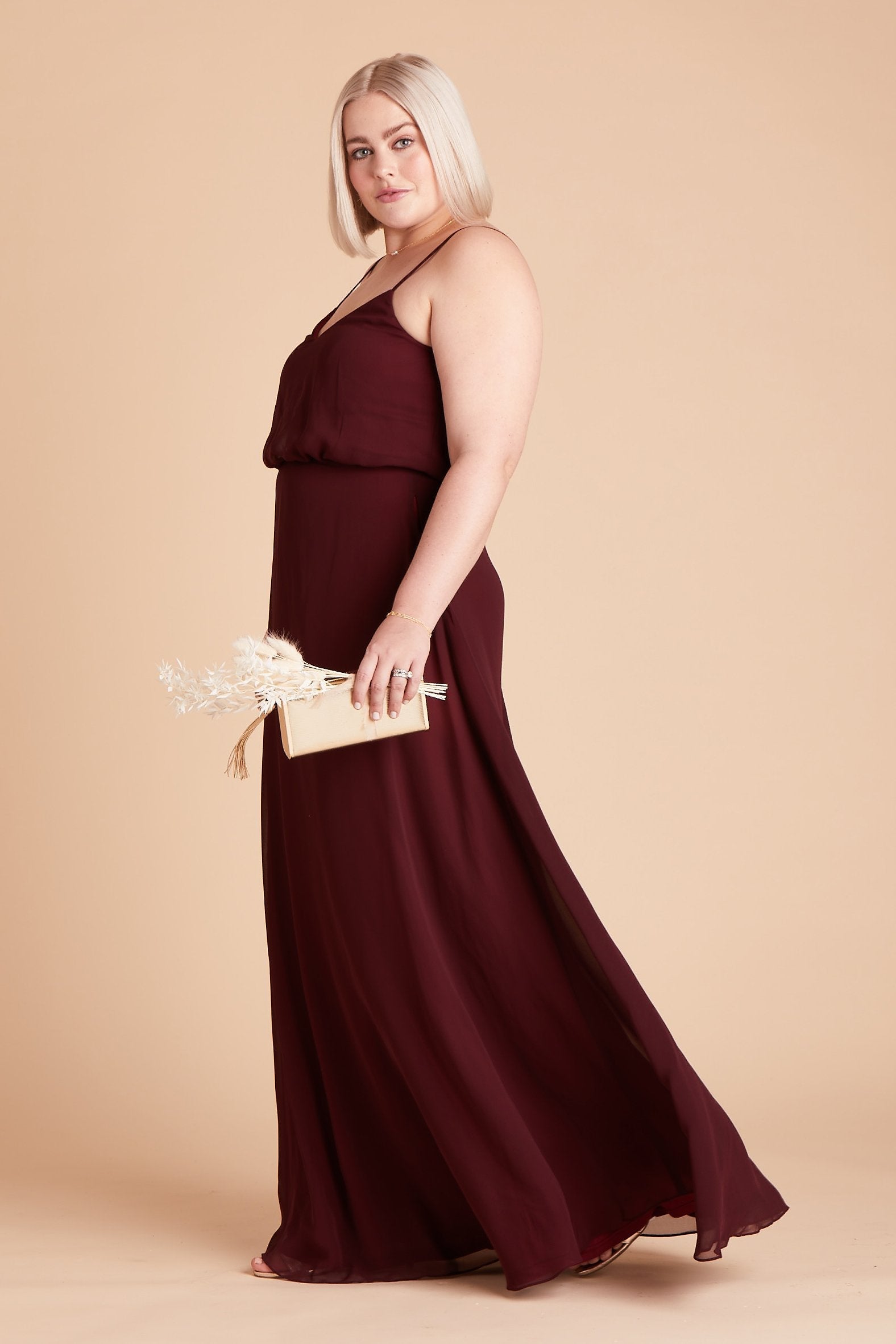Gwennie plus size bridesmaid dress in cabernet burgundy chiffon by Birdy Grey, side view