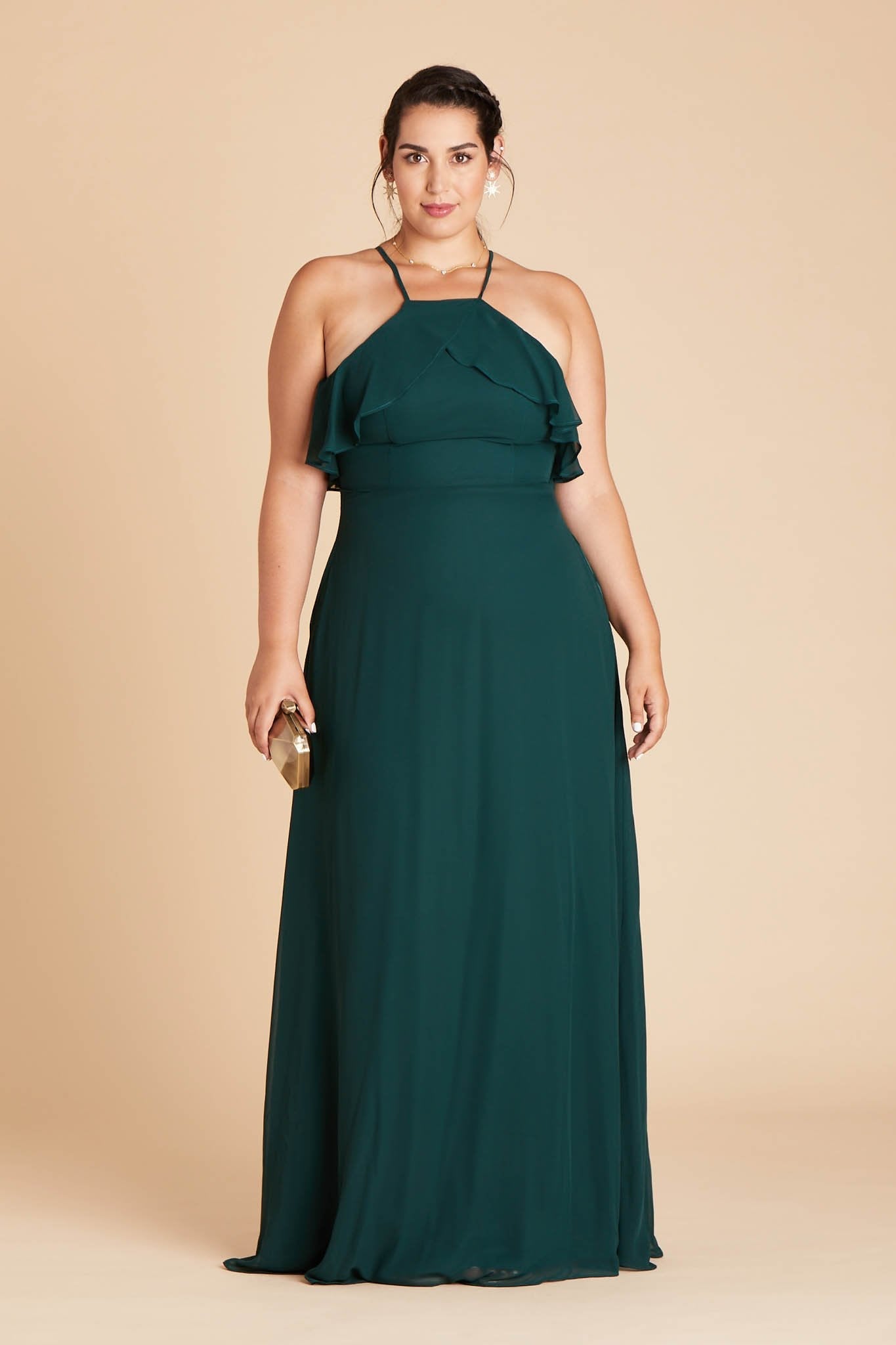 Jules convertible plus size bridesmaid dress in emerald green chiffon by Birdy Grey, front view