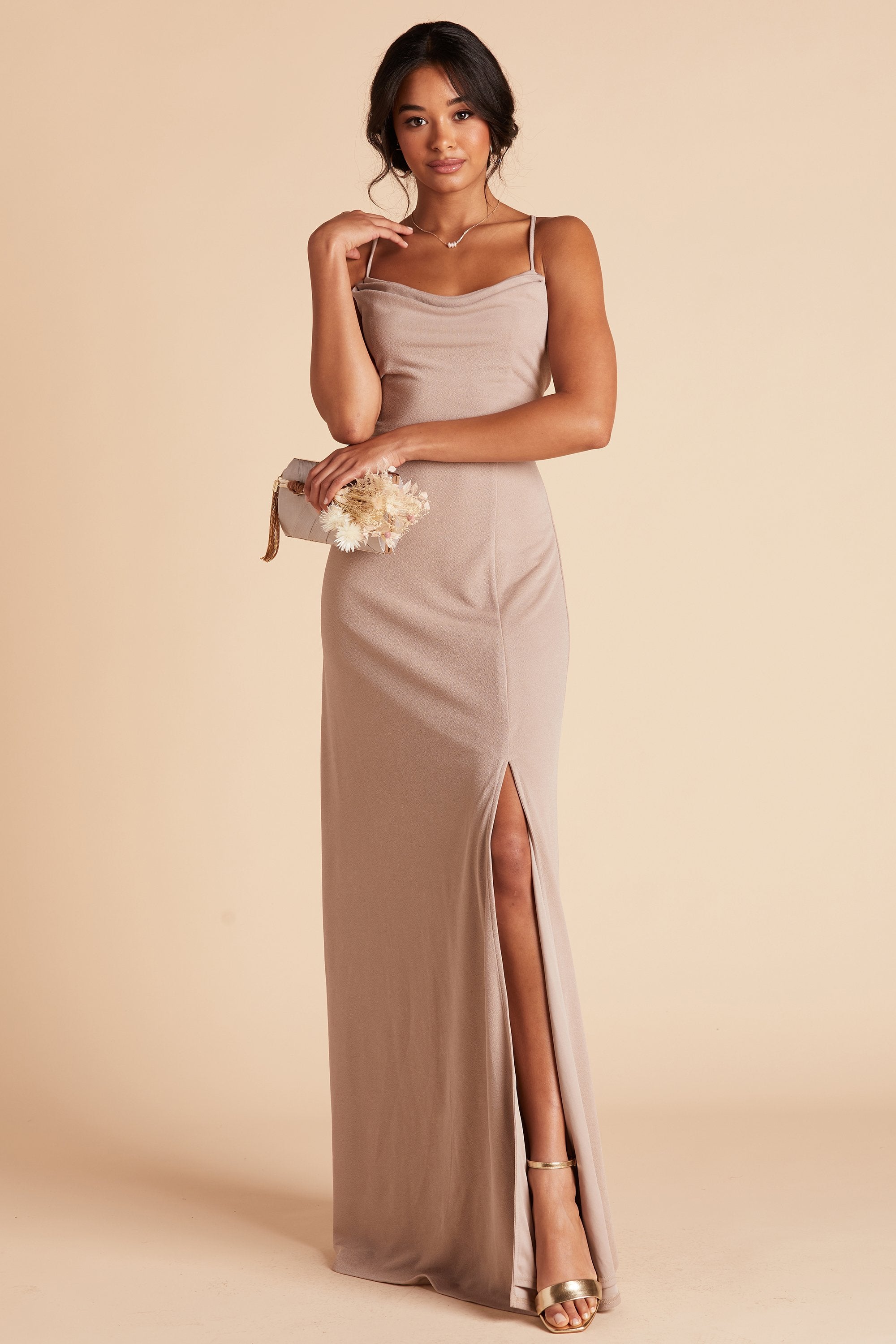 Front view of the Ash Bridesmaid Dress in taupe crepe on a slender model with medium skin tone.
