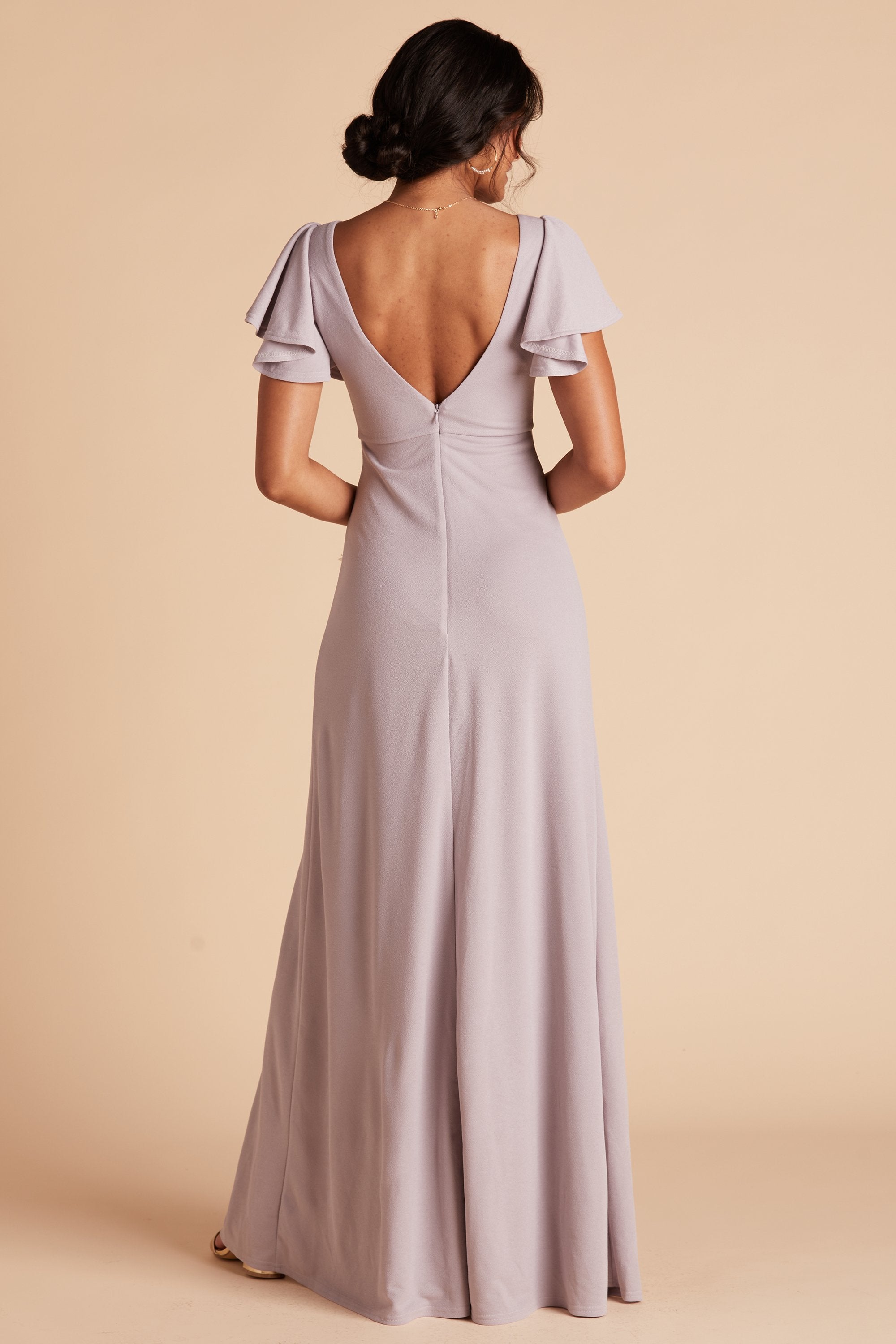 Hannah bridesmaid dress with slit in lilac purple crepe by Birdy Grey, back view