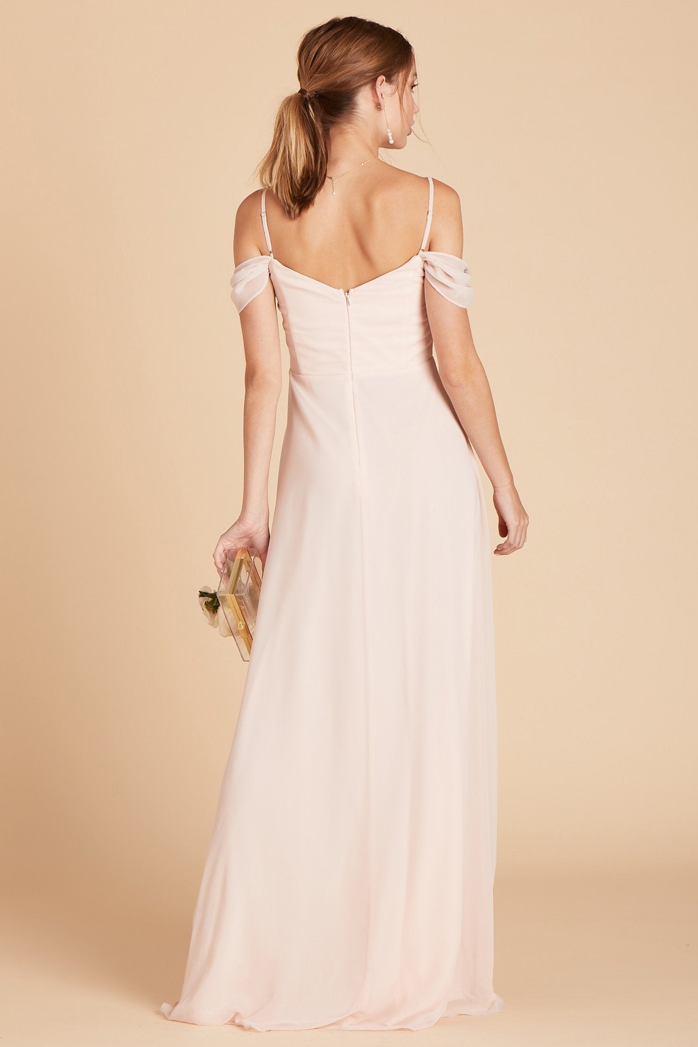 Spence convertible bridesmaid dress in pale blush chiffon by Birdy Grey, back view