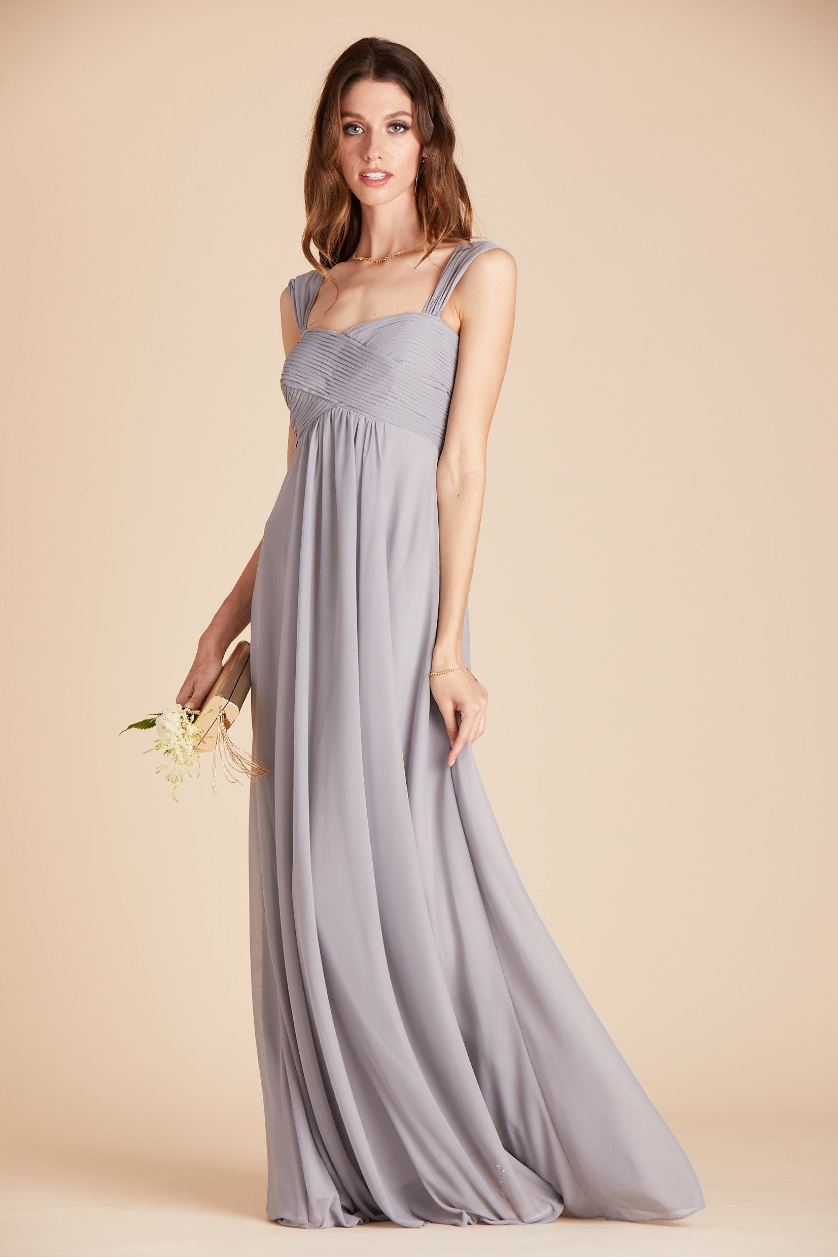 Maria convertible bridesmaids dress in silver mesh by Birdy Grey, front view