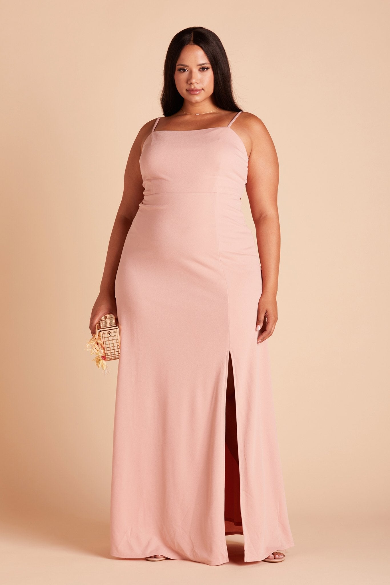 Benny plus size bridesmaid dress with slit in dusty rose crepe by Birdy Grey, front view