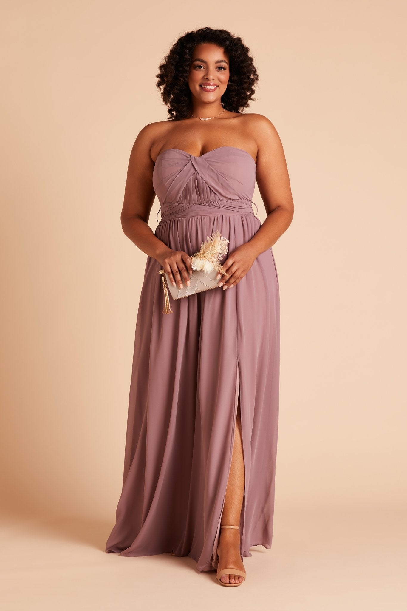 Grace convertible plus size bridesmaid dress with slit in dark mauve purple chiffon by Birdy Grey, front view