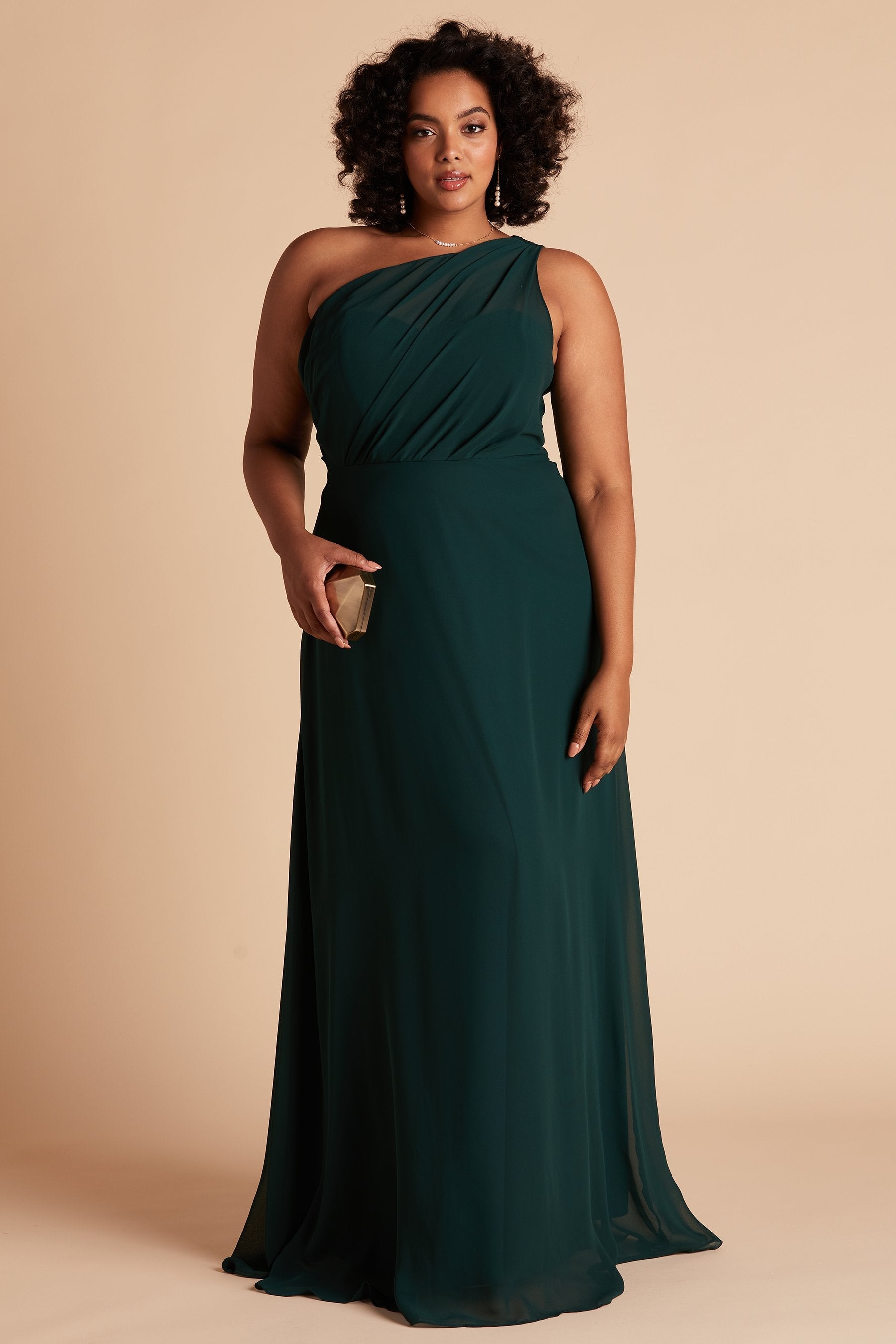 Kira plus size bridesmaid dress in emerald chiffon by Birdy Grey, front view