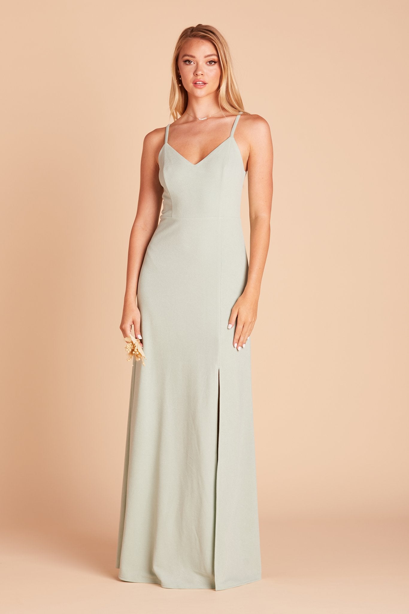 Jay bridesmaid dress with slit in sage green crepe by Birdy Grey, front view