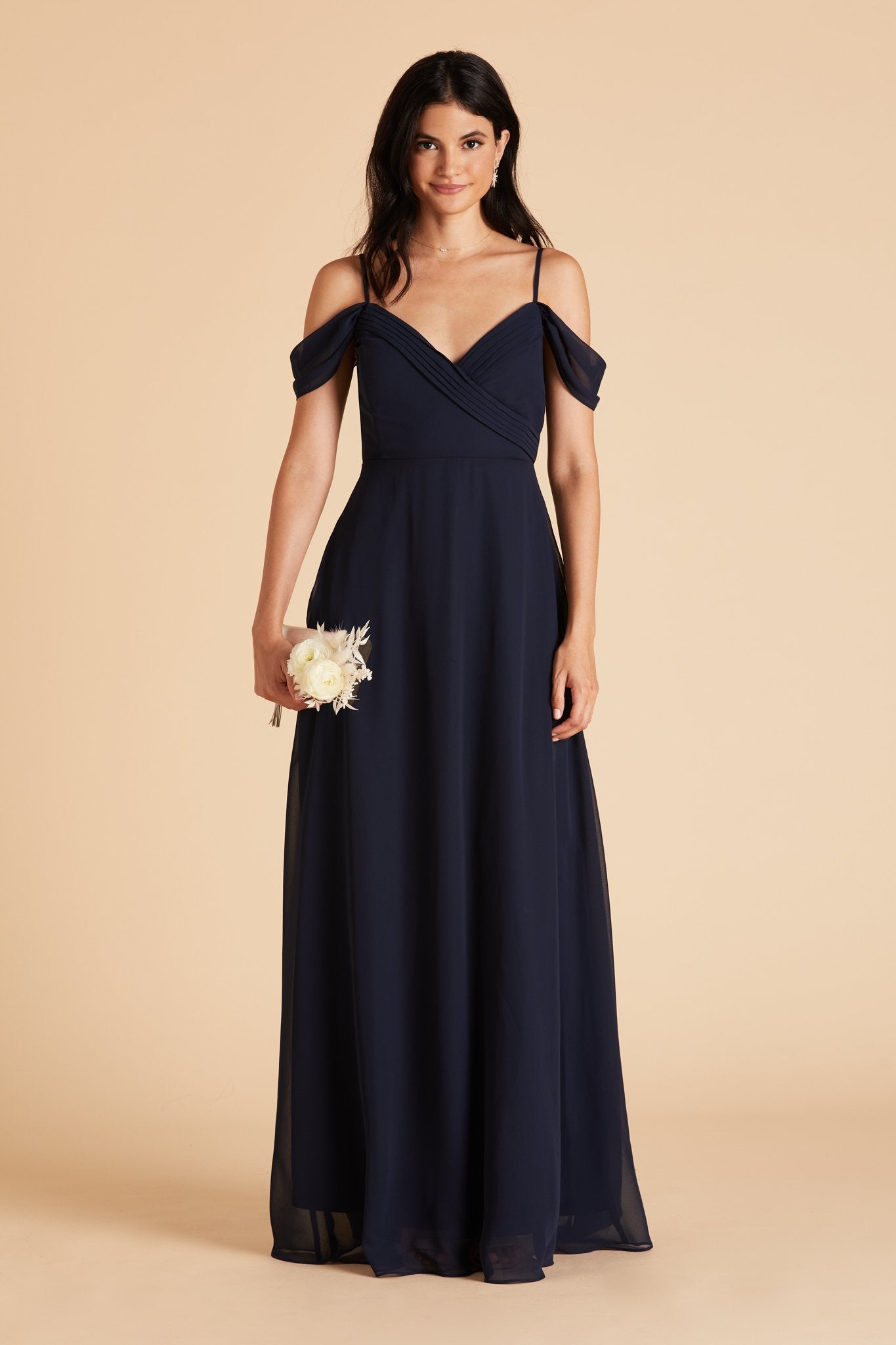 Spence convertible bridesmaid dress in navy blue chiffon by Birdy Grey, front view