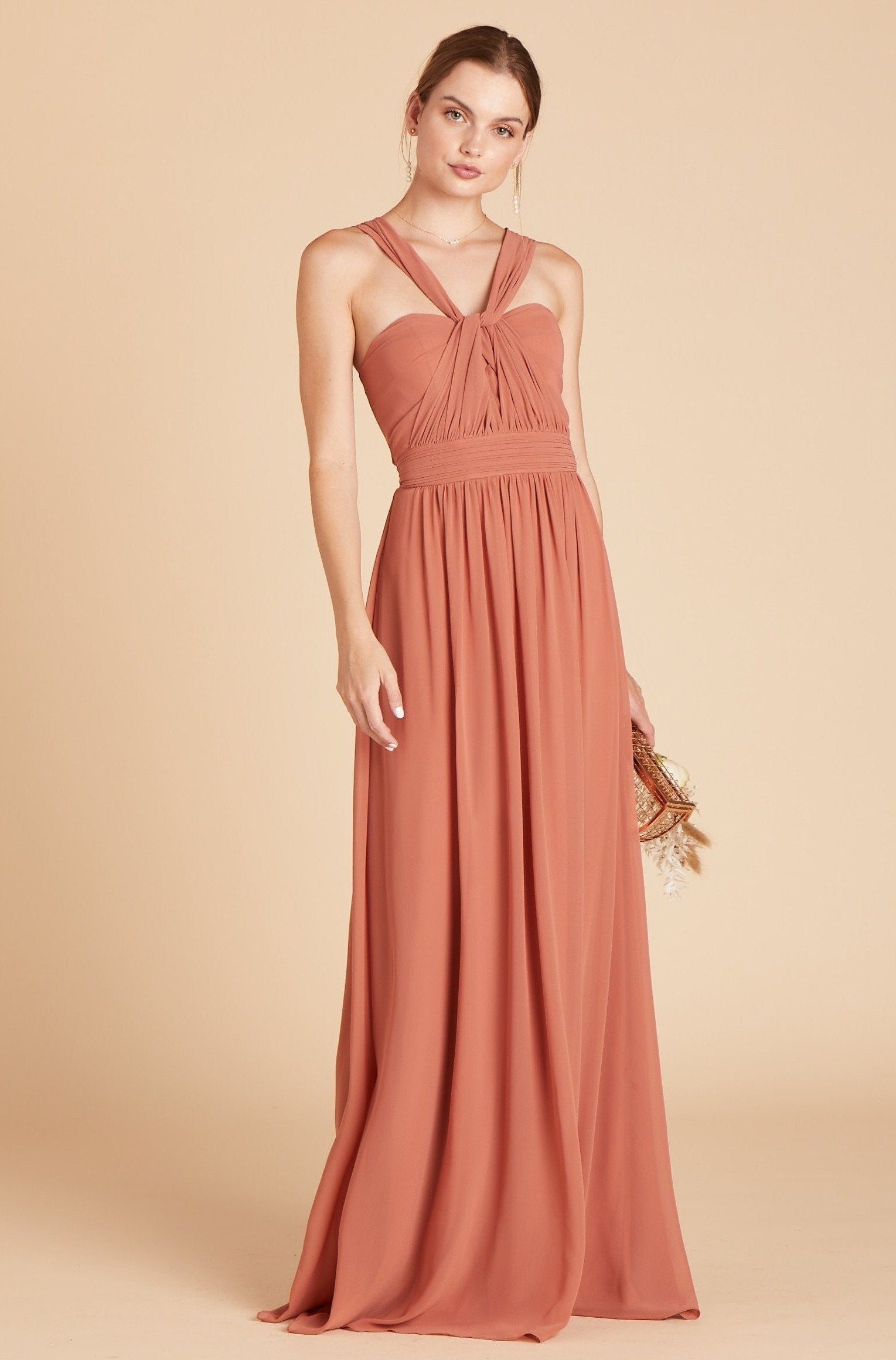 Grace convertible bridesmaid dress in terracotta orange chiffon by Birdy Grey, front view