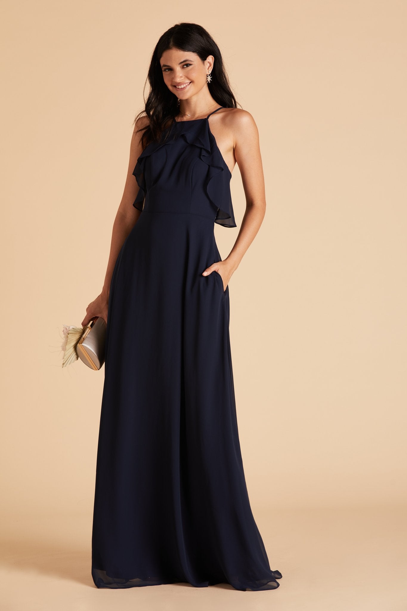 Jules bridesmaid dress in navy blue chiffon by Birdy Grey, front view
