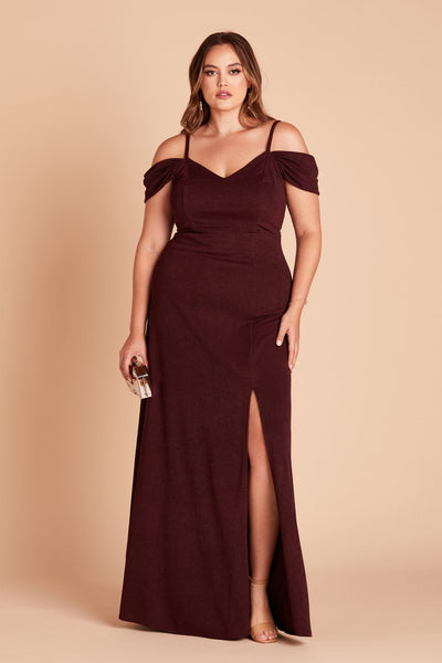 Dev plus size bridesmaid dress with slit in cabernet burgundy crepe by Birdy Grey, front view