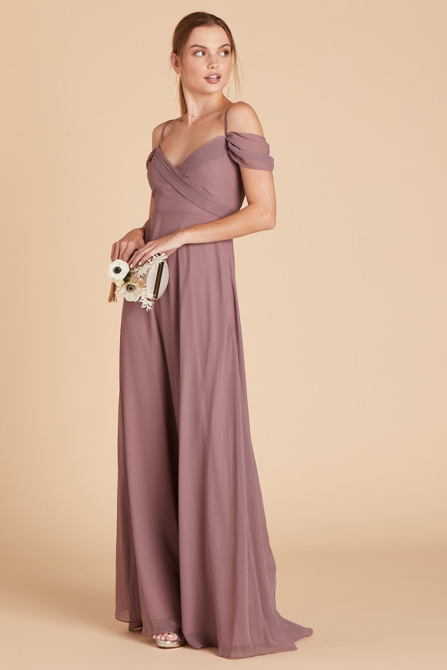 Spence convertible bridesmaid dress in dark mauve chiffon by Birdy Grey, side view