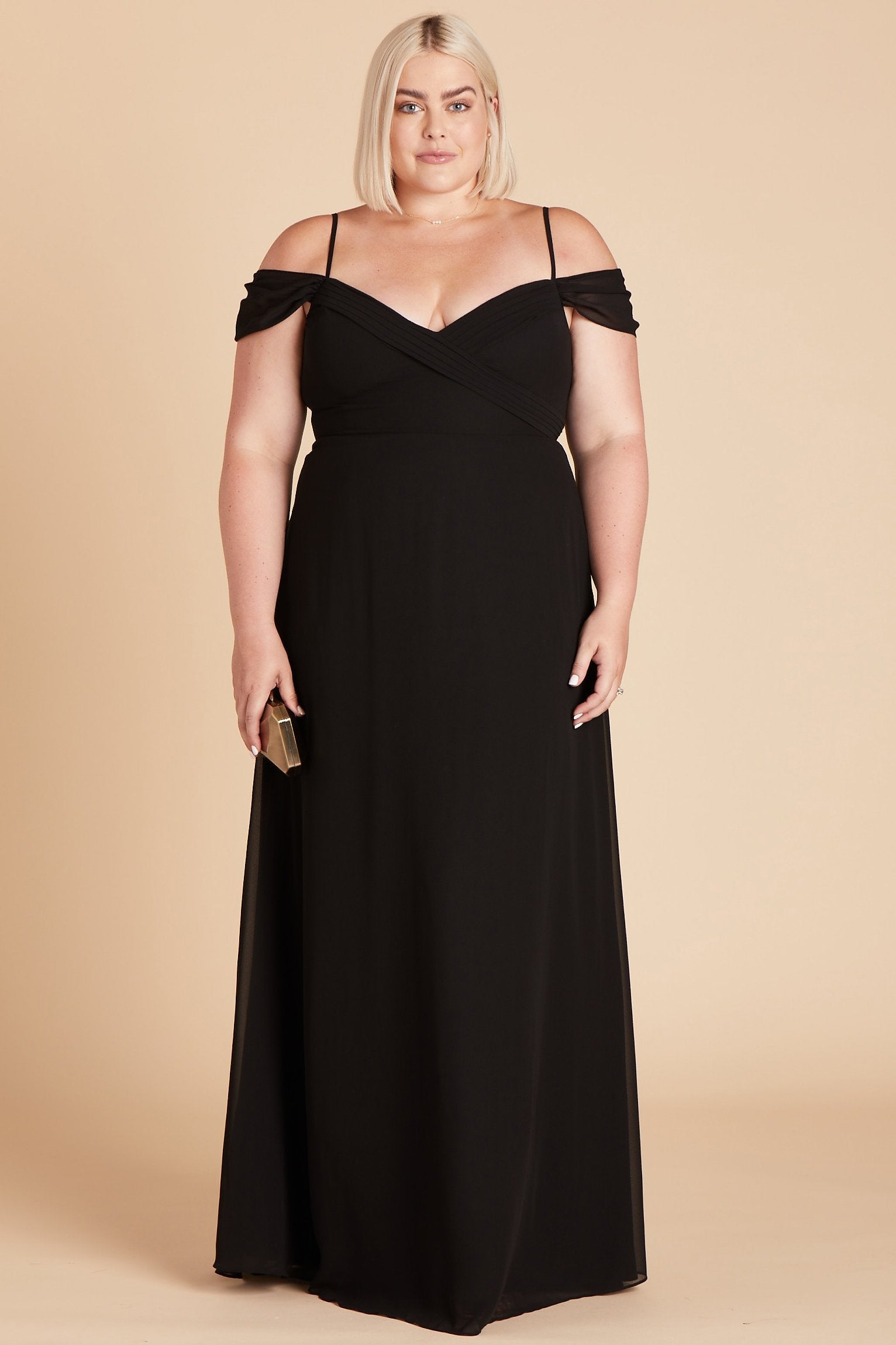 Spence convertible plus size bridesmaid dress in black chiffon by Birdy Grey, front view