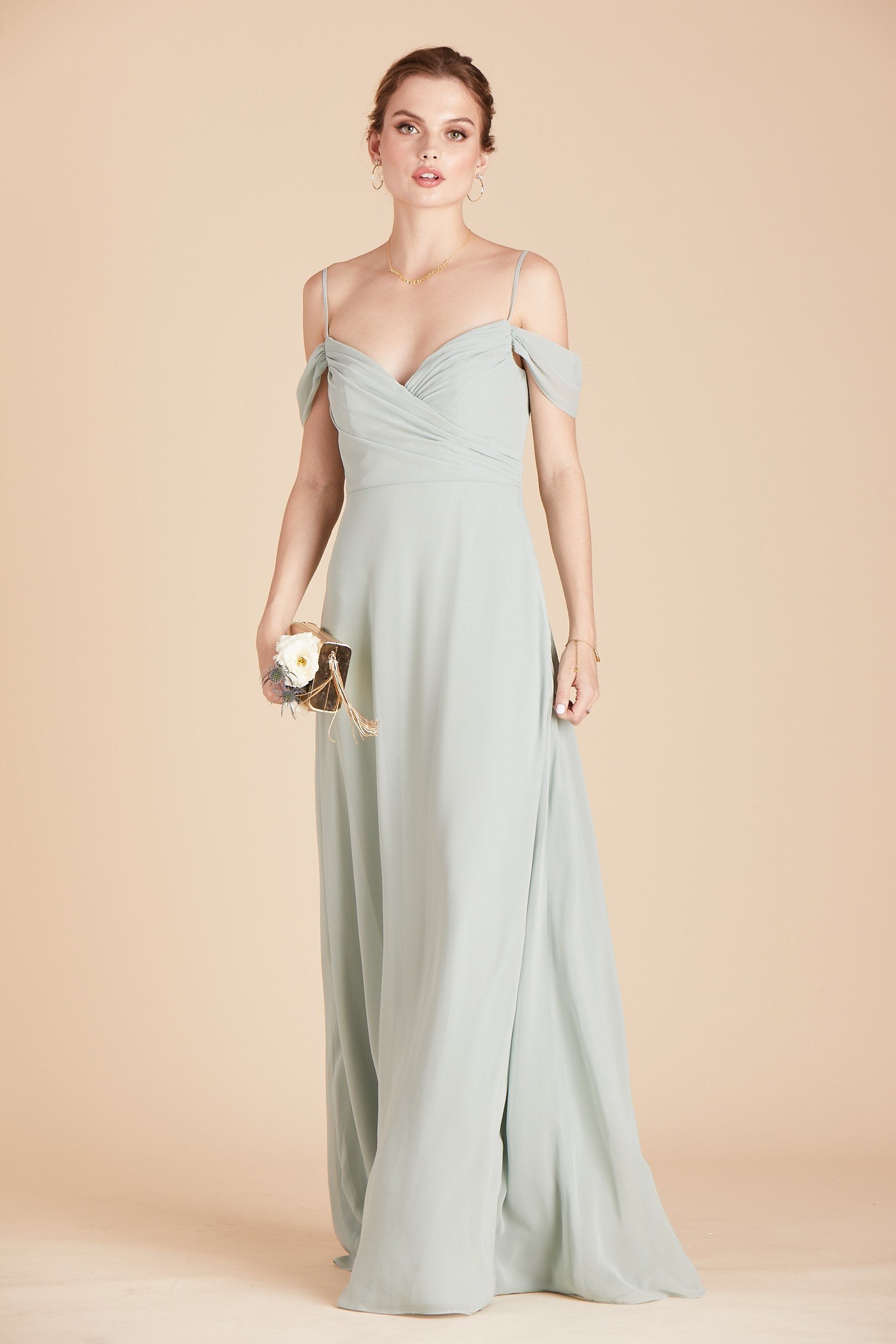 Front view of the Devin Convertible Dress in sage chiffon worn by a slender model with a light skin tone. 
