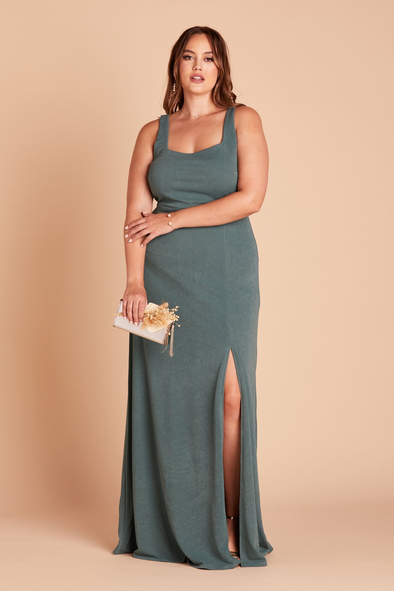 Alex convertible plus size bridesmaid dress with slit in sea glass green crepe by Birdy Grey, front view