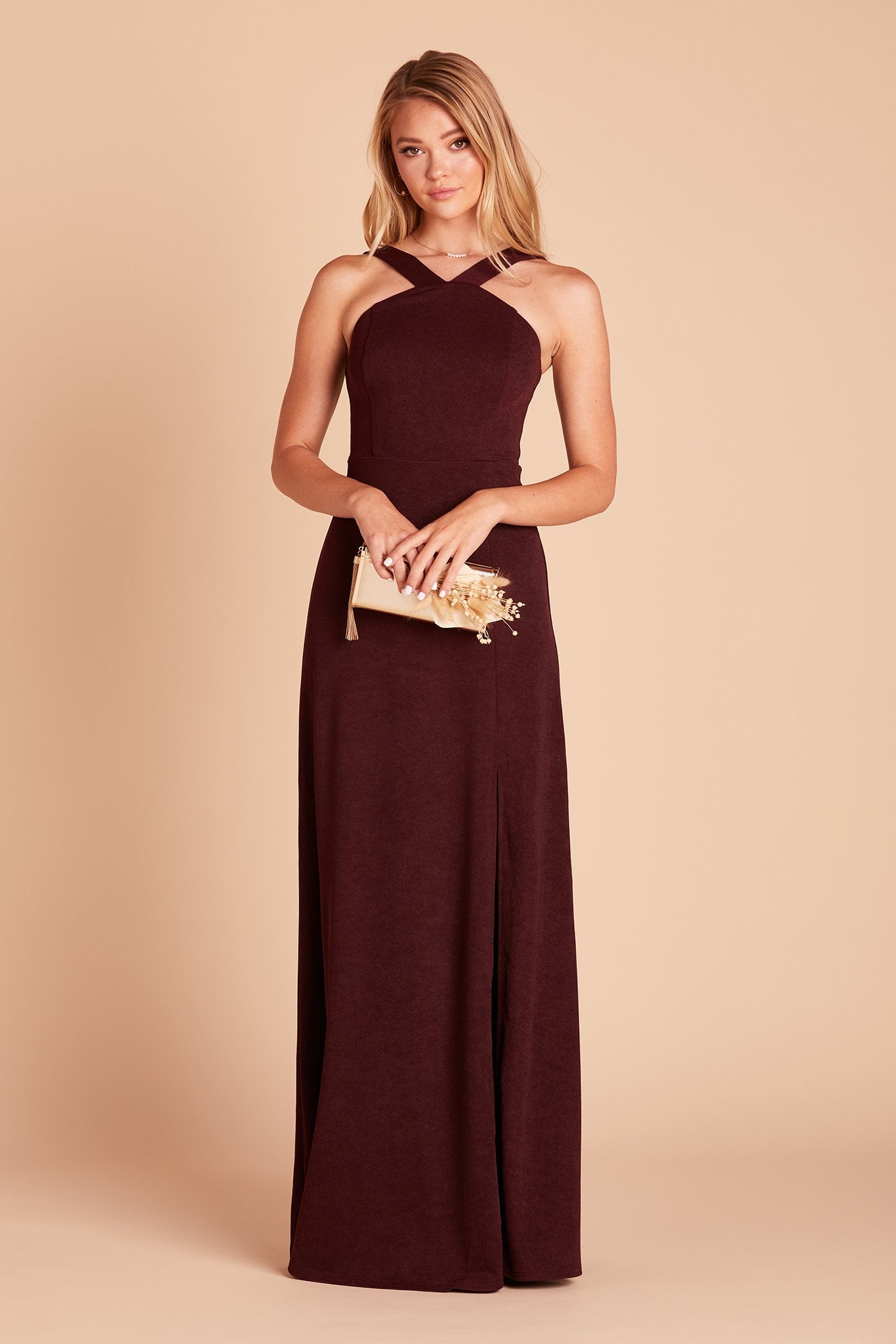 Gene bridesmaid dress with slit in cabernet burgundy crepe by Birdy Grey, front view